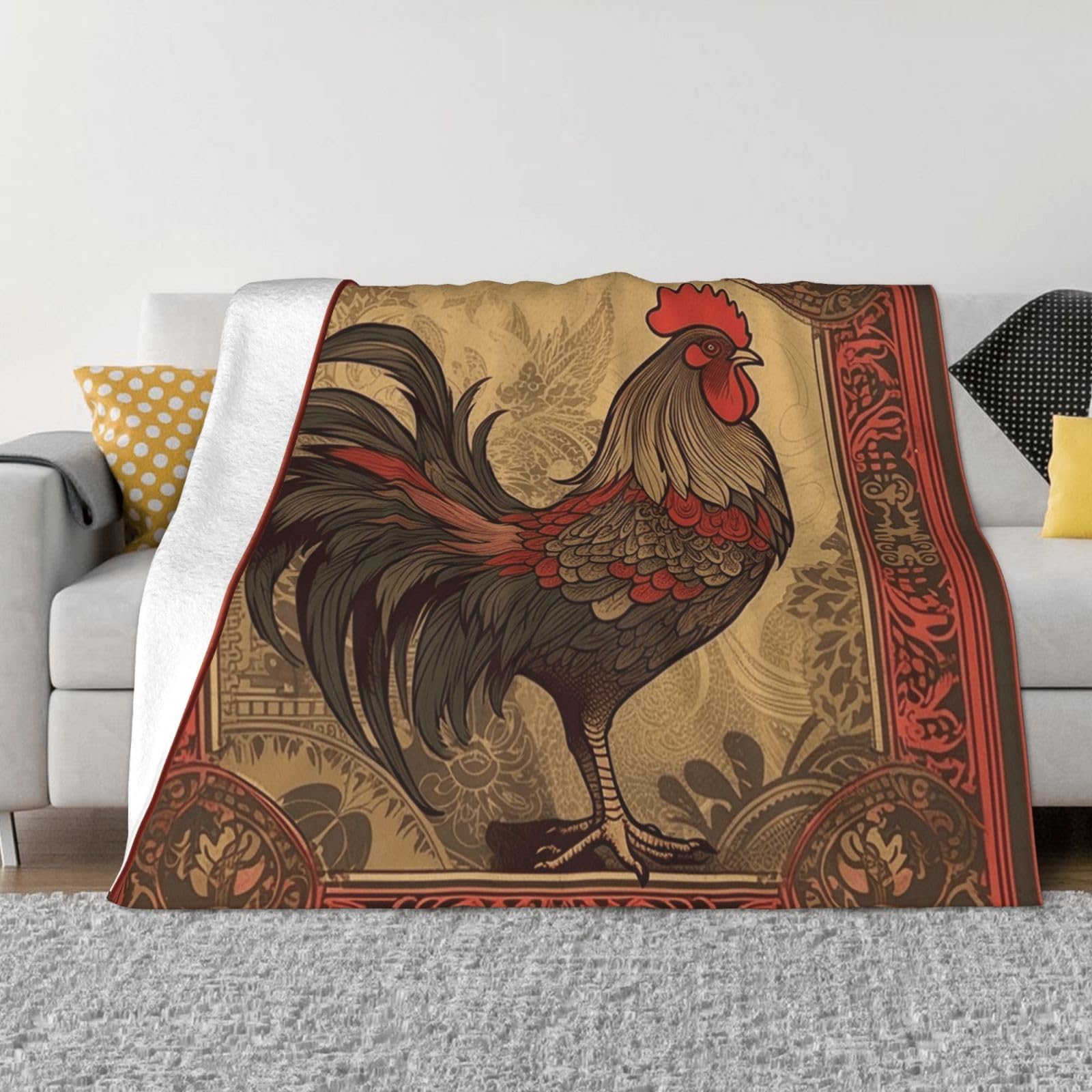 KLOPH Old Rooster Illustration Throw Blanket 40"x30" Flannel Fluffy Warm Blanket for Couch, Reversible Plush Blankets for Bed, Comfy Fuzzy Blanket for Sofa, Plush Lightweight-Blankets for All Season