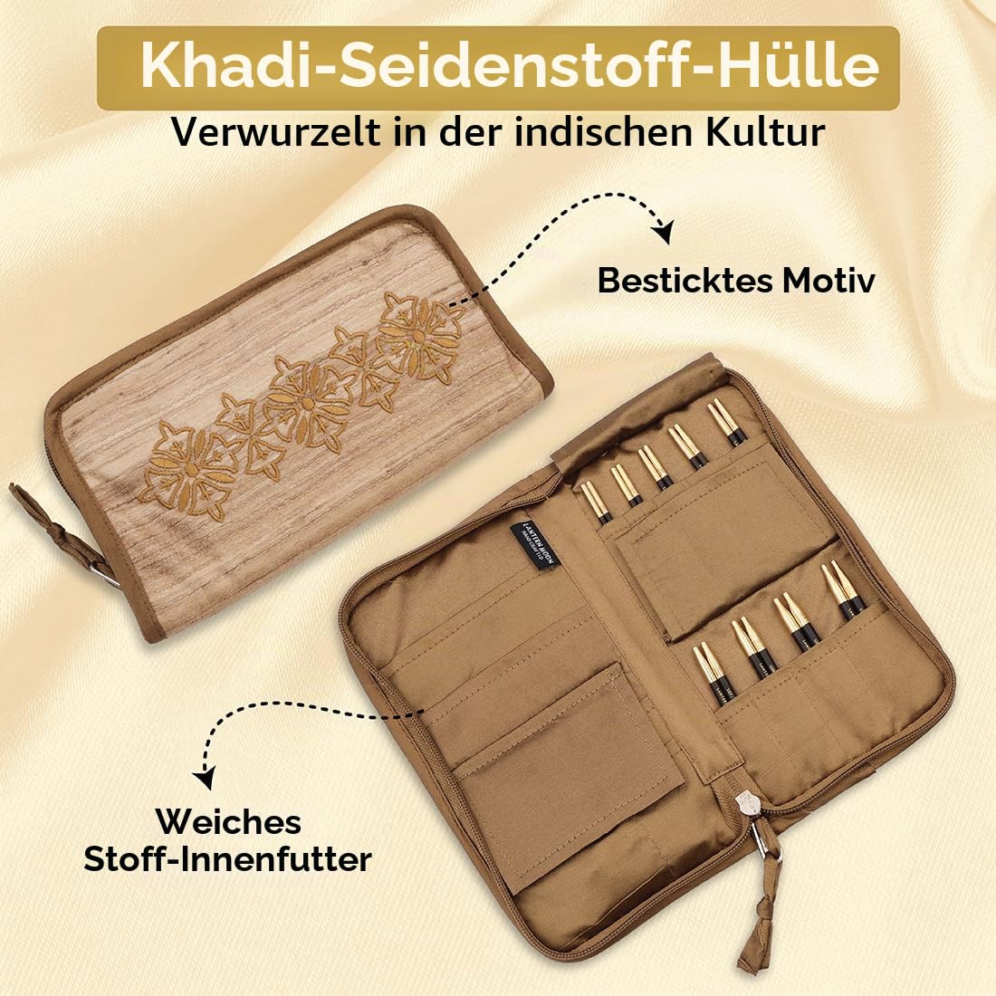 Lantern Moon Austauschbare Stricknadeln – 9 Paar 10 cm Spitzen – 2 Drehschnüre 40,50 cm – Endkappen, Maschenmarkierer – Khadi Seiden-Etui mit Reißverschluss, natur, 3,3,25,3,5,3,75,4,4,5,5,5,5,5,6 mm