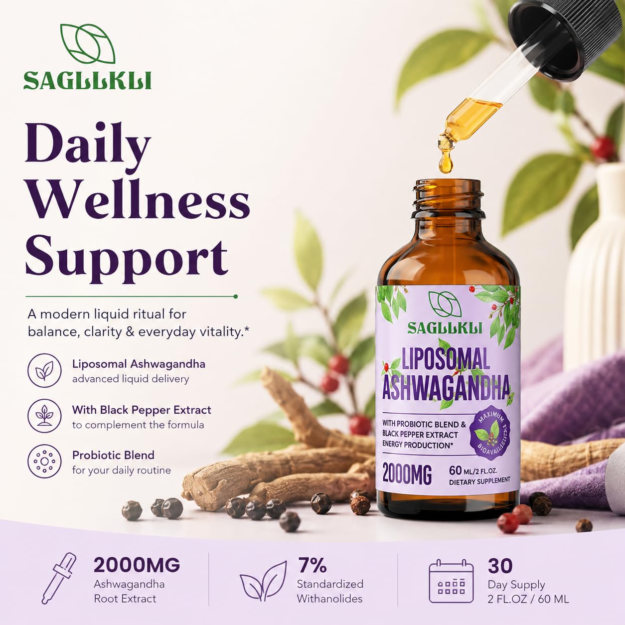 Liposomal Ashwagandha Liquid Drops 2000mg, 2 FL.OZ (1 Bottle) — Amazon image 2