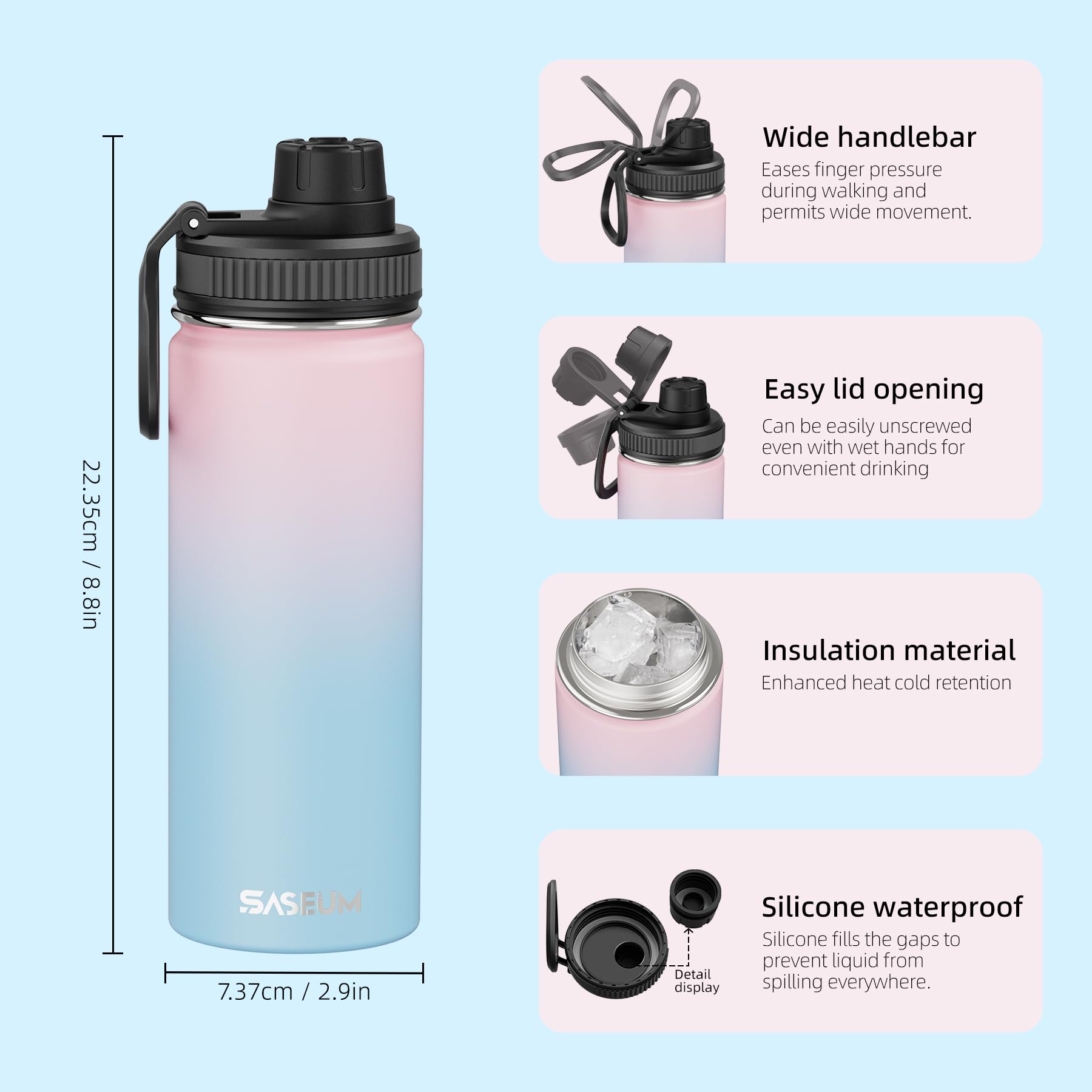 SASEUM Botella de agua deportiva de acero inoxidable de 18 onzas, taza térmica al vacío de doble pared con tapas de boquilla a prueba de fugas, jarra de agua aislada de metal de boca ancha para