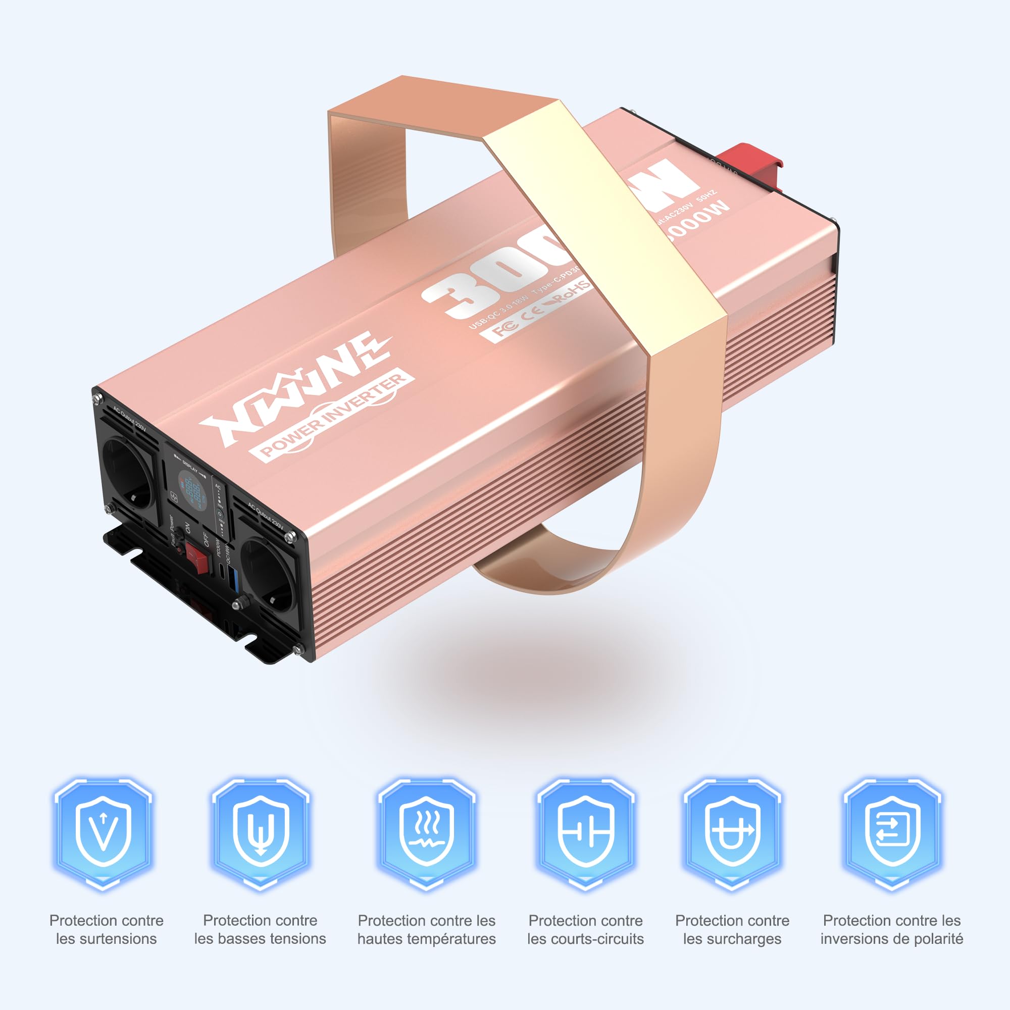 XWJNE 3000W Convertisseur 12V 220V Pur Sinus Transformateur, Onduleur avec 2 Prises UE, 1 USB-A, 1 USB-C, Écran LCD et Télécommande, Convertisseur de Tension pour Voiture, Camping, Voyage, Caravane