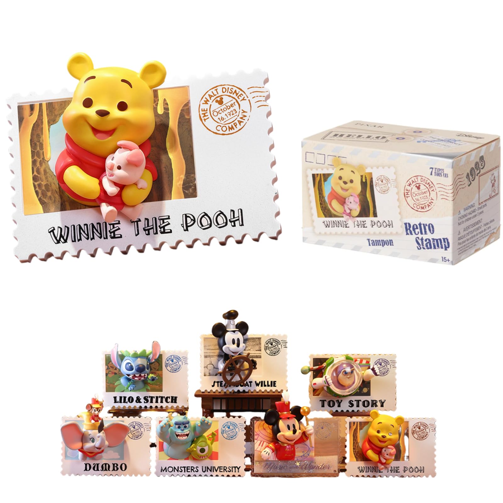 Disney Winnie The Pooh Retro Stamp Collection Blind Box Figure Random Design Stitch Mickey Surprise Boxes Mystery Collectible Toy for Home Decorations Birthday Gifts (Random One Figure)