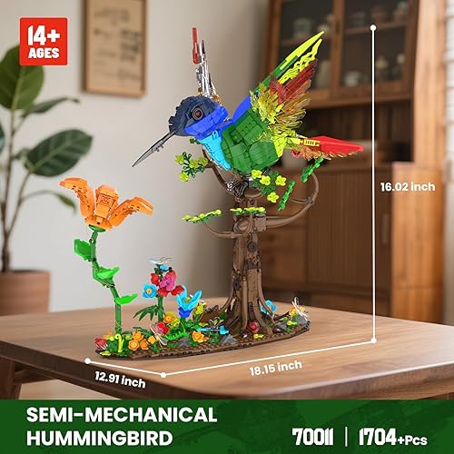 Miniatura 4 de JMBricklayer Juego de construcción mecánica de colibrí con luz LED, juegos de modelos de pájaros para adultos, juguete de colección de animales de