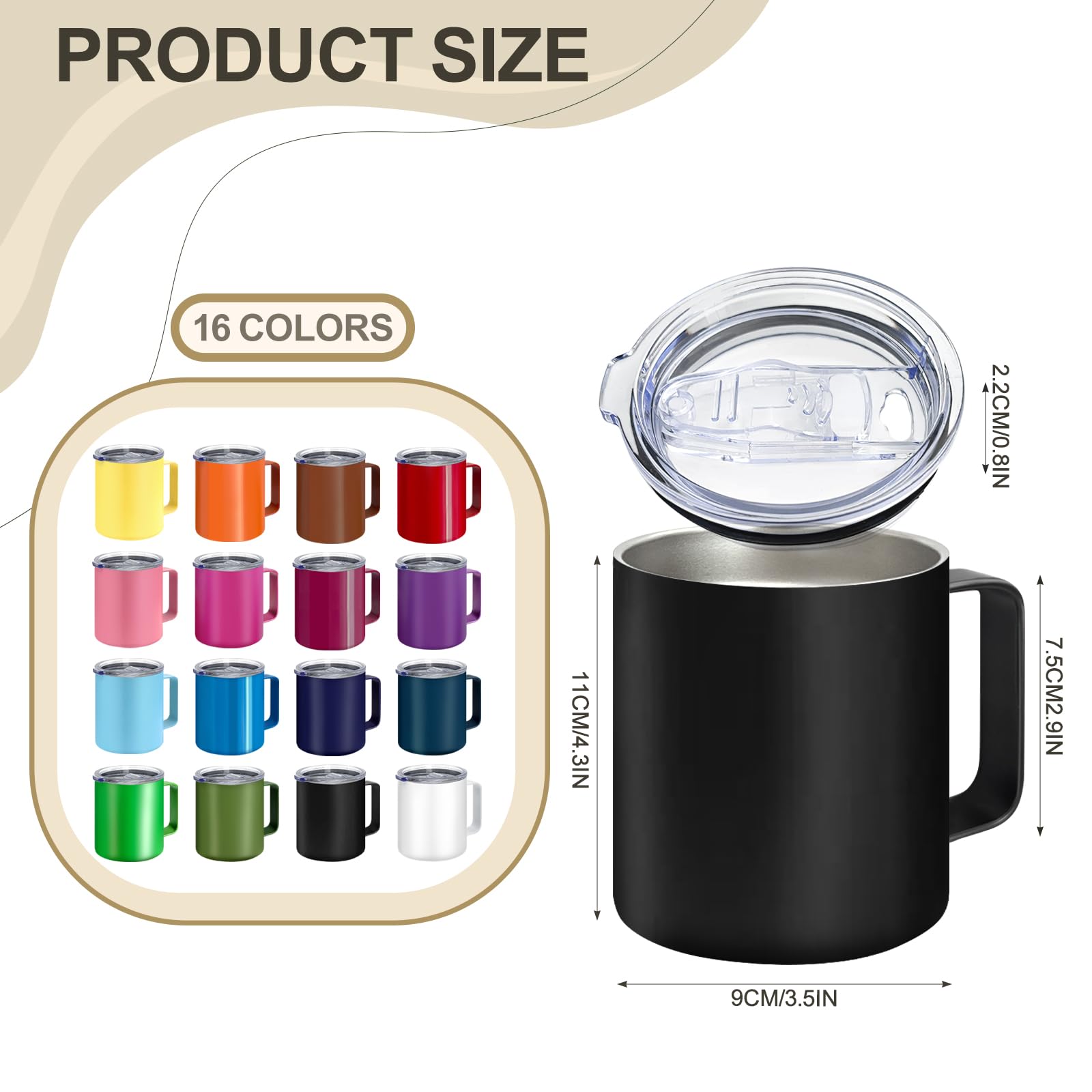 YOUKE OLA Paquete de 16 tazas de café aisladas de acero inoxidable a granel con asa y tapas, taza de viaje de doble pared aislada al vacío de 12 onzas para bebidas calientes y frías, hogar, oficina,