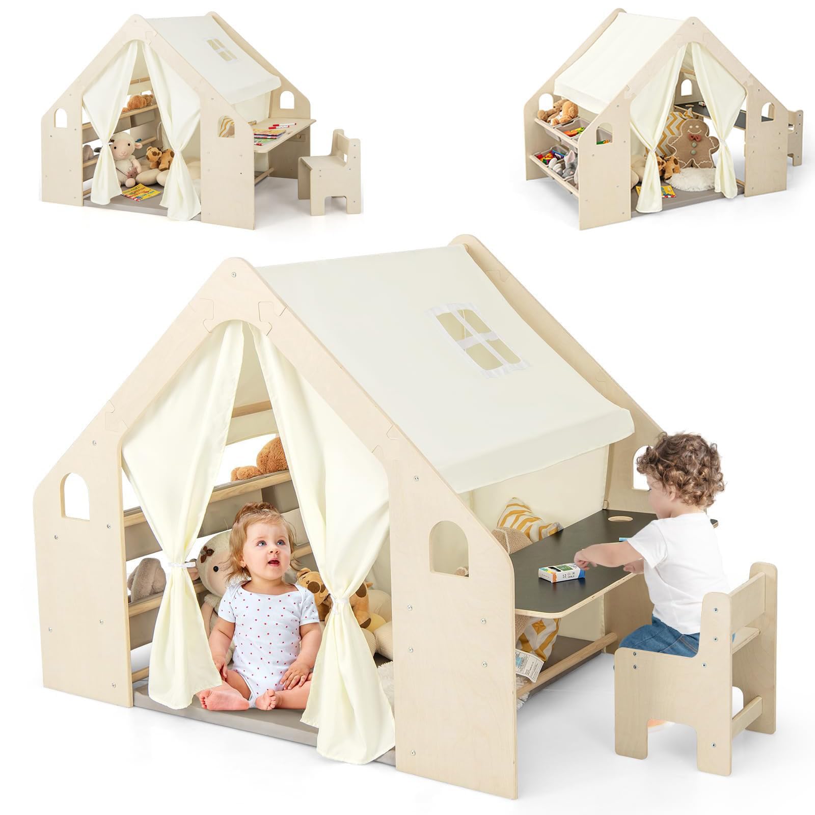 RELAX4LIFE 6 in 1 Tenda per Bambini con Casetta in Legno, Tavolino, Seida, Lavagna, 6 Scatole Portaghiochi, Tapettino Rimovibile, Per Cameretta, Asilo