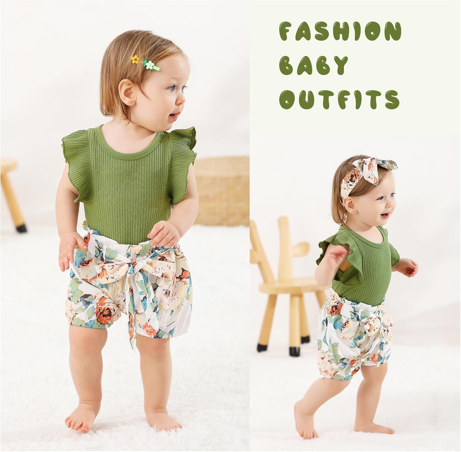 Tiny Cutey Baby Girl Clothes Infant Summer Outfits Set Ruffle Sleeve Romper and Floral Shorts with Headband - Image 3