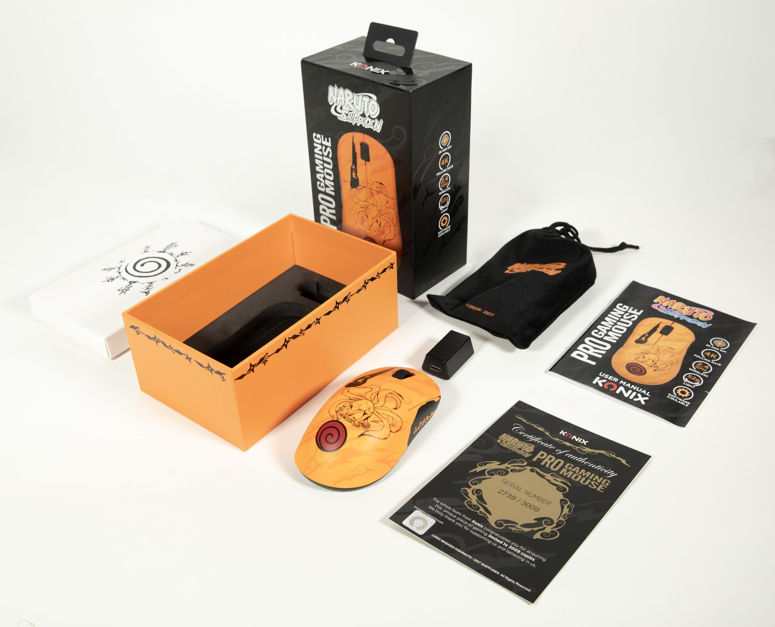 Konix Naruto Shippuden Souris Gaming Filaire/sans Fil PC - Édition Pro Collector Numérotée - 26 000 DPI - Autonomie 70 h - Motif Kurama/Kyûbi - Orange