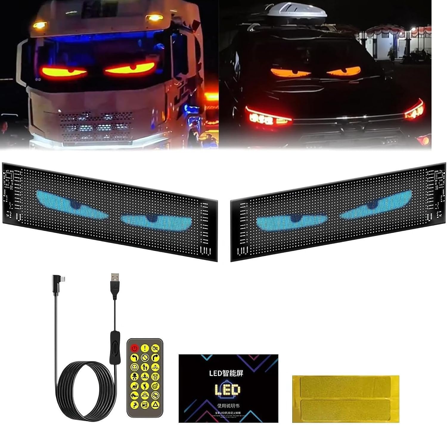 Kosinso Led-ogen voor vrachtwagen en auto, duivelsogen, groot programmeerbaar flexibel led-display, DIY, dynamische leds, slimme kleurrijke ogenlamp, softscreen, 102 x 348 mm