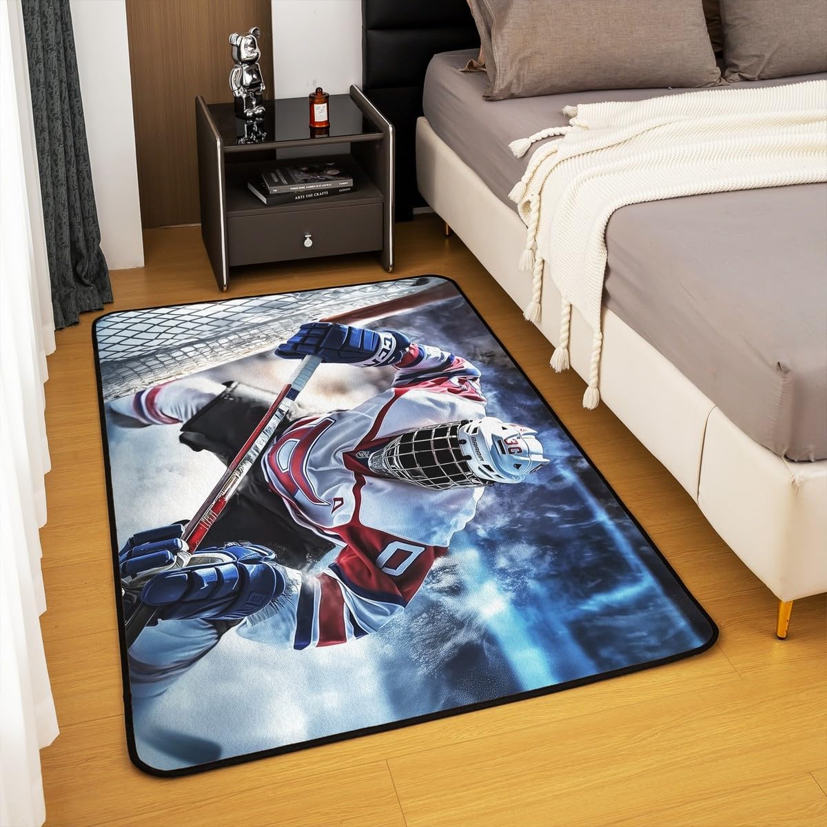Hockey Indoor Floor Mat Entrance Rug,3D Ice Hockey Player Area Rug for Kids Boys Teens Men,Modern Hockey Rink Non Slip Rug Winter Ice Sports Theme Chairs Couch Living Room Decor,5'x6'6''