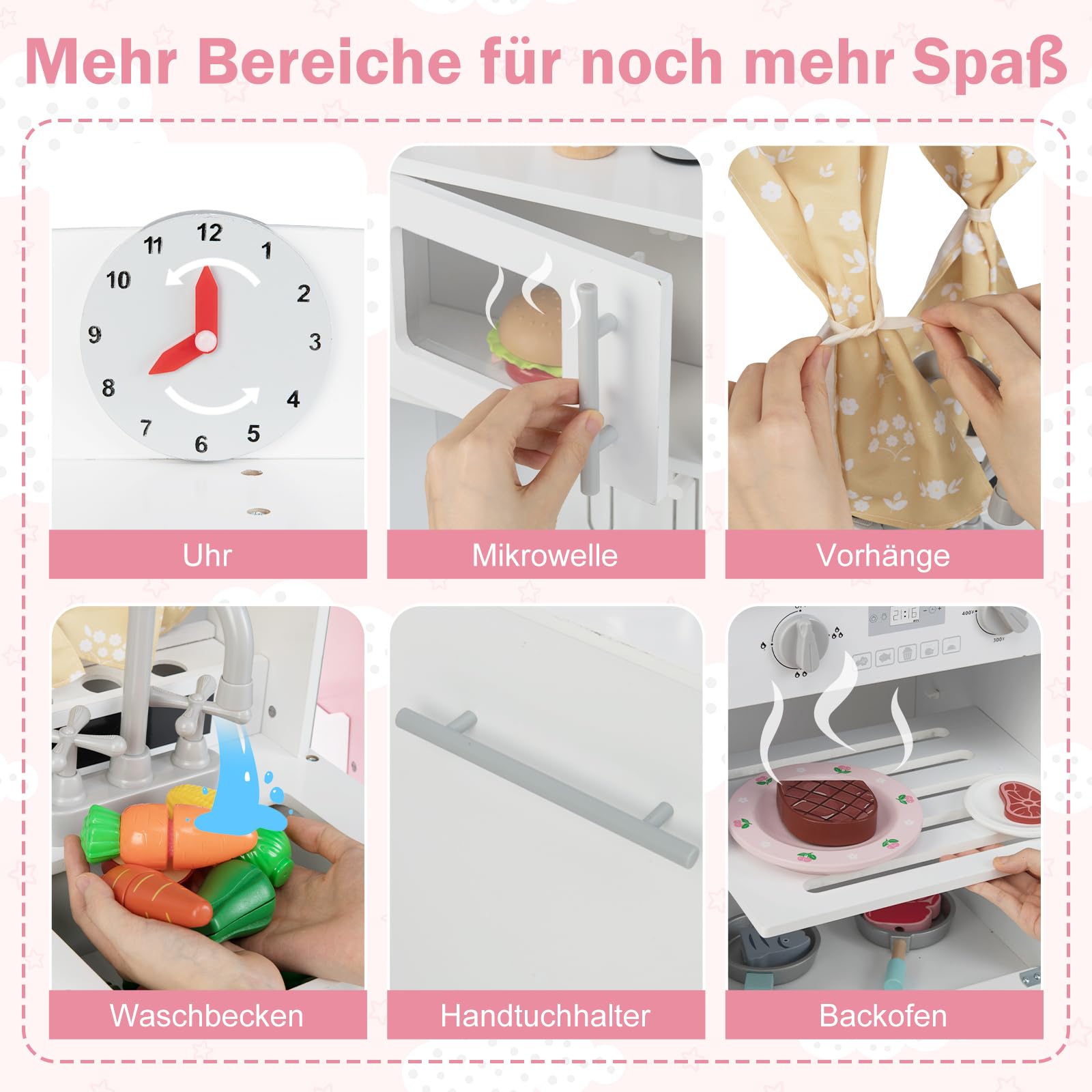 COSTWAY Kinderküche inkl. Zubehör, Spielküche höhenverstellbar mit Mikrowelle, Herd, Spüle, Ofen & Eismaschine, Spielzeugküche Holzküche für Kinder ab 3 Jahren