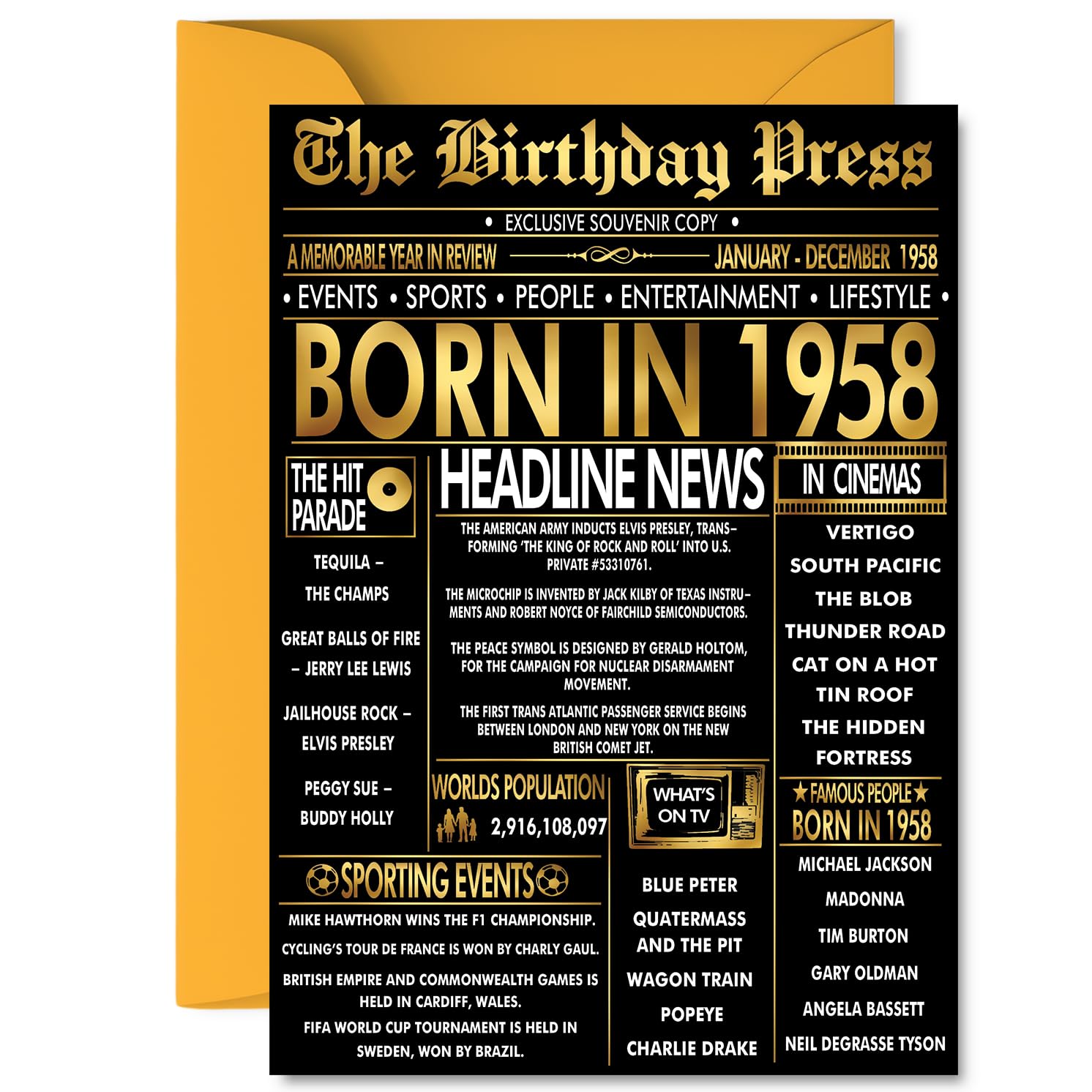 Gold 68th Birthday Card for Men Women - Black & Golden Newspaper Born in 1958 - Happy 68 Birthday Cards for Grandad Brother Sister Auntie Grandma Wife, A5 Bday Greeting Cards