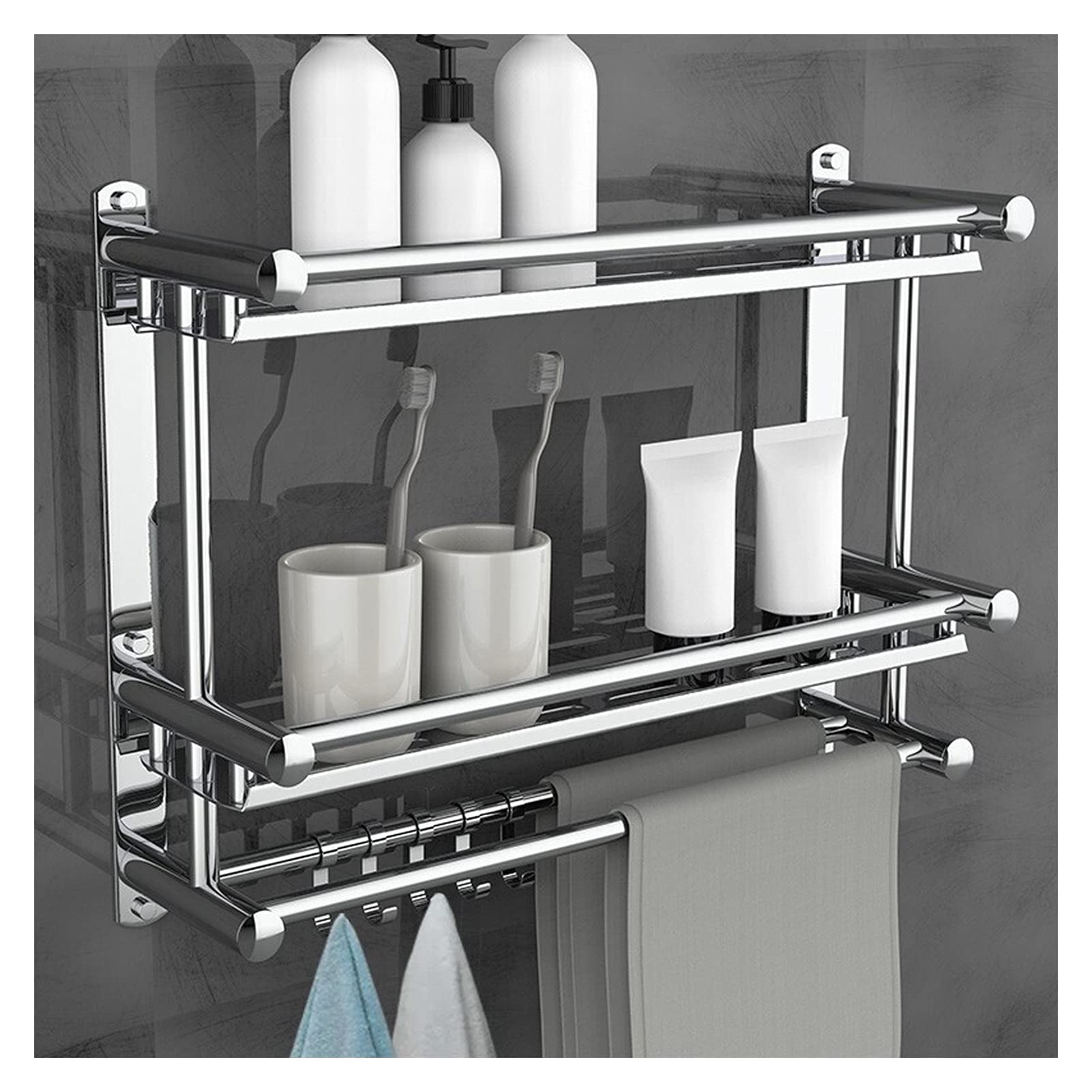SaryEdge Wall Mounted Bathroom Shelf with Towel Hooks - Stainless Steel 2-Tier Floating Shelves for Over Toilet Storage Solution, Space-Saving Bathroom Décor,