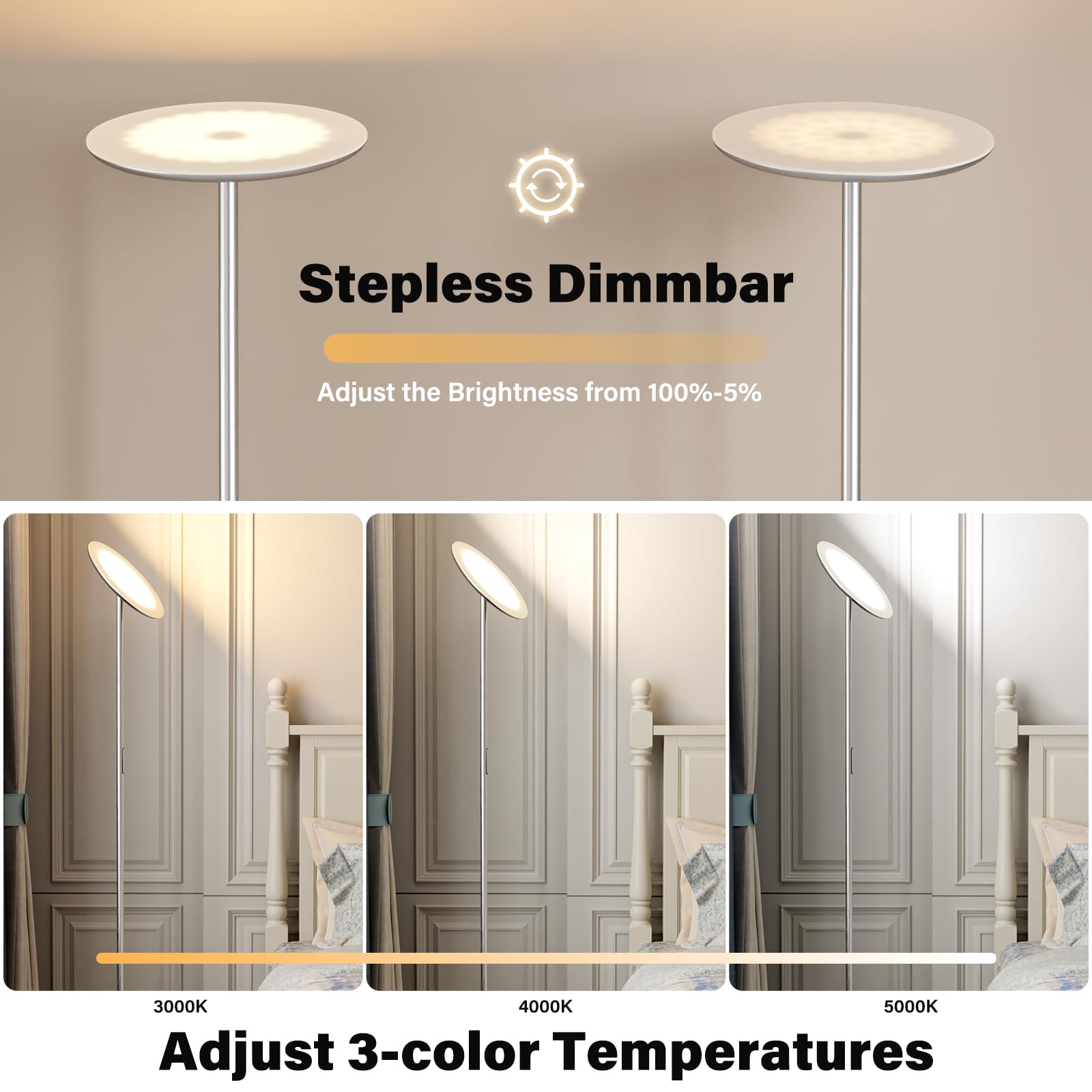 Stehlampe Wohnzimmer LED, 36W, Moderne Stehleuchte mit Fernbedienung & Touch-Steuerung, 3 Farbtemperaturen, Stufenlos Dimmbar, Leselampe Stehlampe für Wohnzimmer Schlafzimmer Büro(Silbergrau)