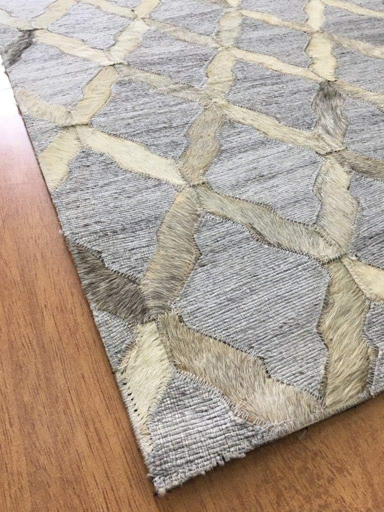 Leather Area Rug Patch Work Moroccan Various Sizes Cow Hide and Cotton Jacquard Luxury Carpet for Indoor use (5x8)