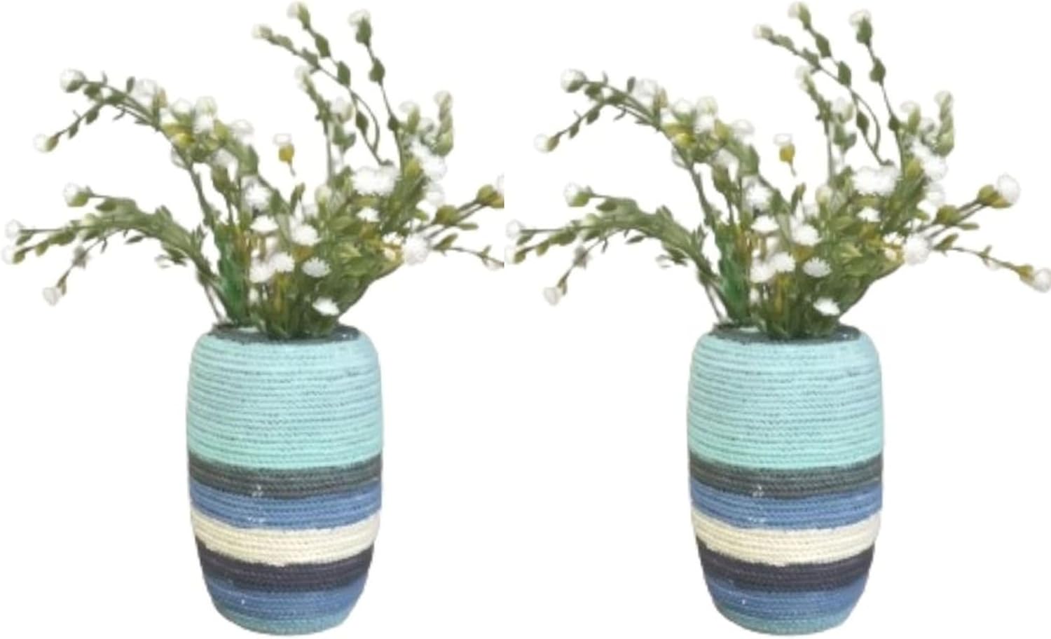 2 ADET VAZO DAHİL,VAZODA ÇİÇEK,BEYAZ YAPAY ÇİÇEK,VAZO DEKORATİF MAVİ ÖRGÜ POLİRESİN 7X7X16CM