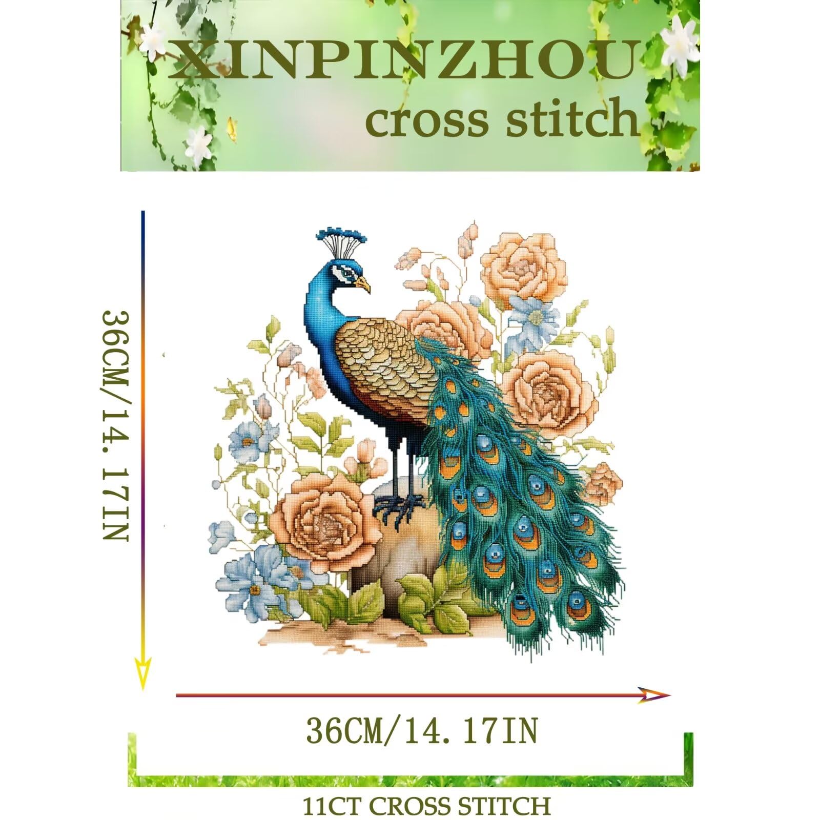 Xinpinzhou 11ct Cross Stitch Kits, 11 CT Funny Pre Printed Counted Stamped Cross Stitch Embroidery Needlepoint Patterns Kits for Beginners Adults Crossstitch Peacock and Flowers 36x36 CM