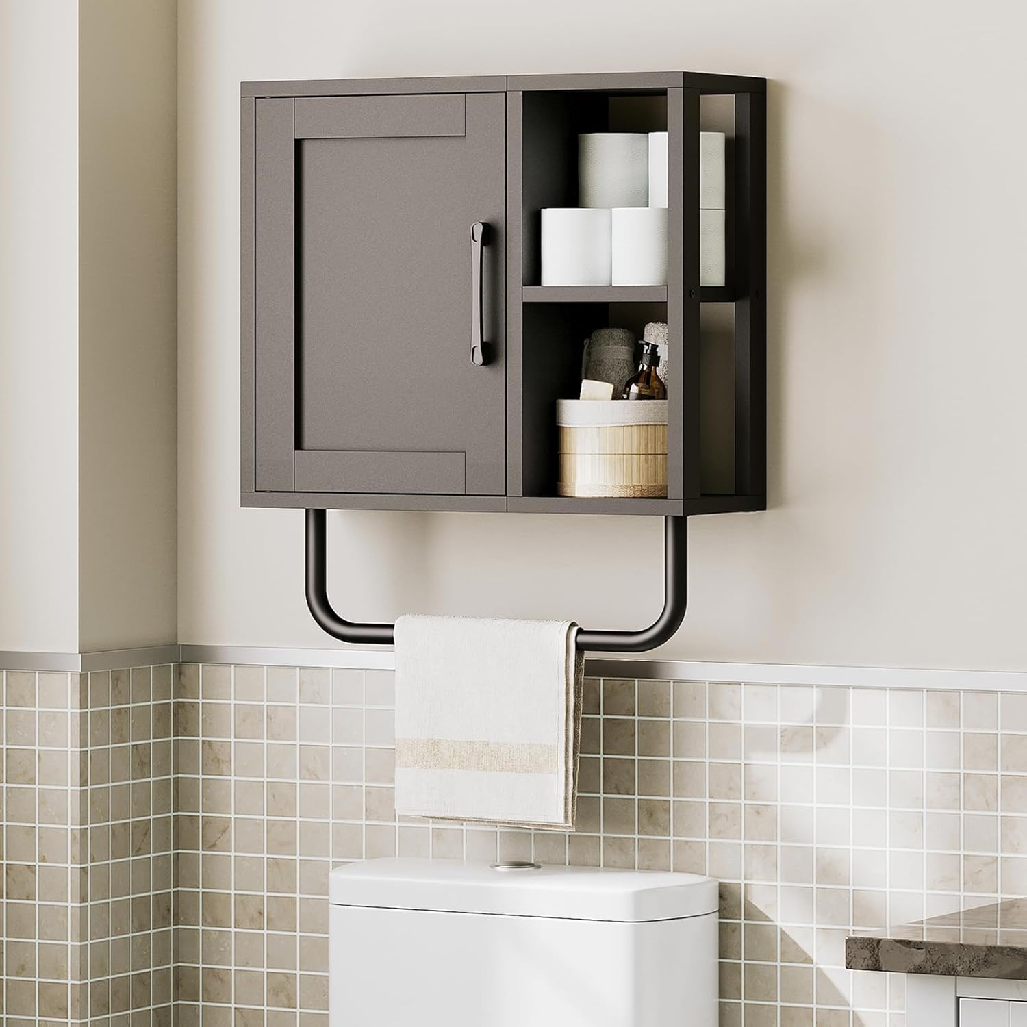 Medicine Cabinet, Bathroom Wall Cabinet with Towel Bar, Adjustable Shelf and Open Partition, Over The Toilet Storage Cabinet, for Bathroom, Laundry Room, Living Room, Kitchen, Black