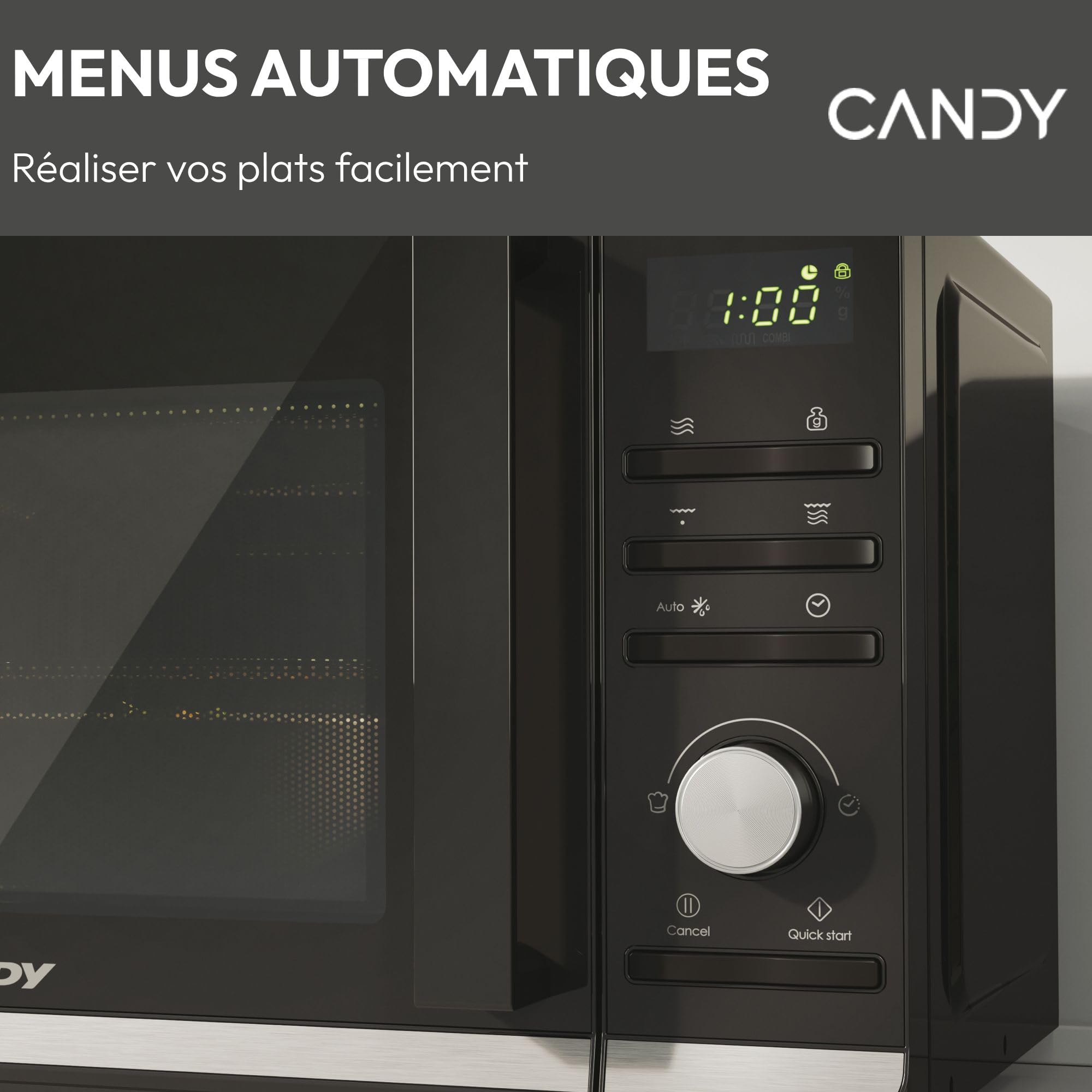 Candy Moderna CMGA20TNDB Four Micro-ondes Gril 700W 20L Digital, Fonction Gril et Décongélation, Plateau Tournant, 11 Niveaux de Puissance, 19 Menus Auto, Cuisson Express, Grille Métal, Noir