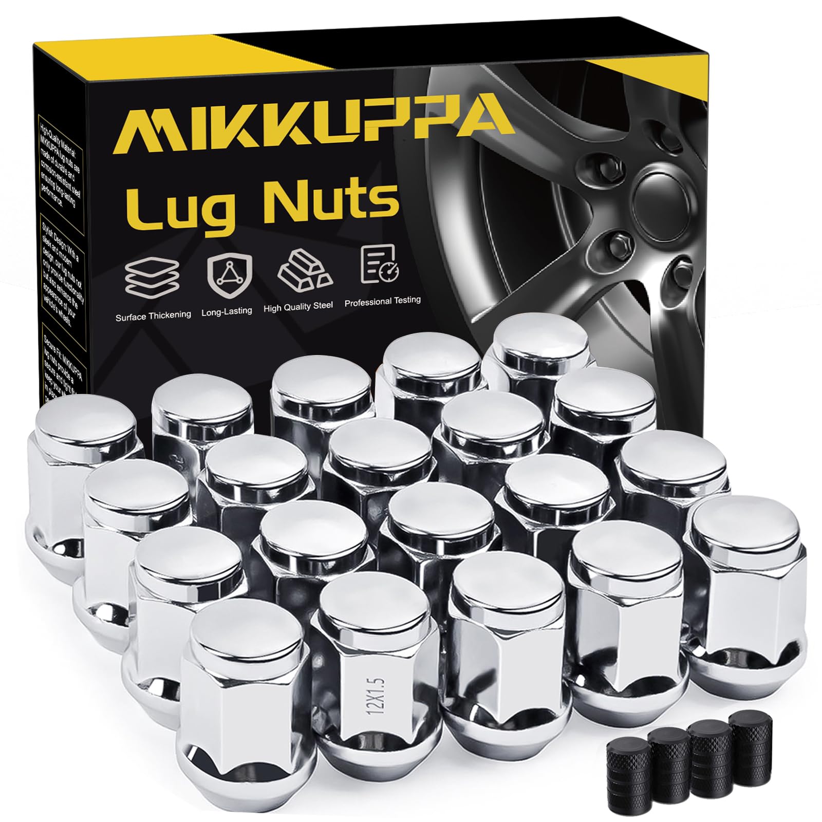 MIKKUPPA M12x1.5 Lug Nuts,Tire Valve Stem Caps Black 4 pcs, Replacement for 2006-2019 Ford Fusion, 2000-2019 Ford Focus, 2001-2019 Ford Escape Aftermarket Wheel - 20pcs Chrome Closed End Lug Nuts