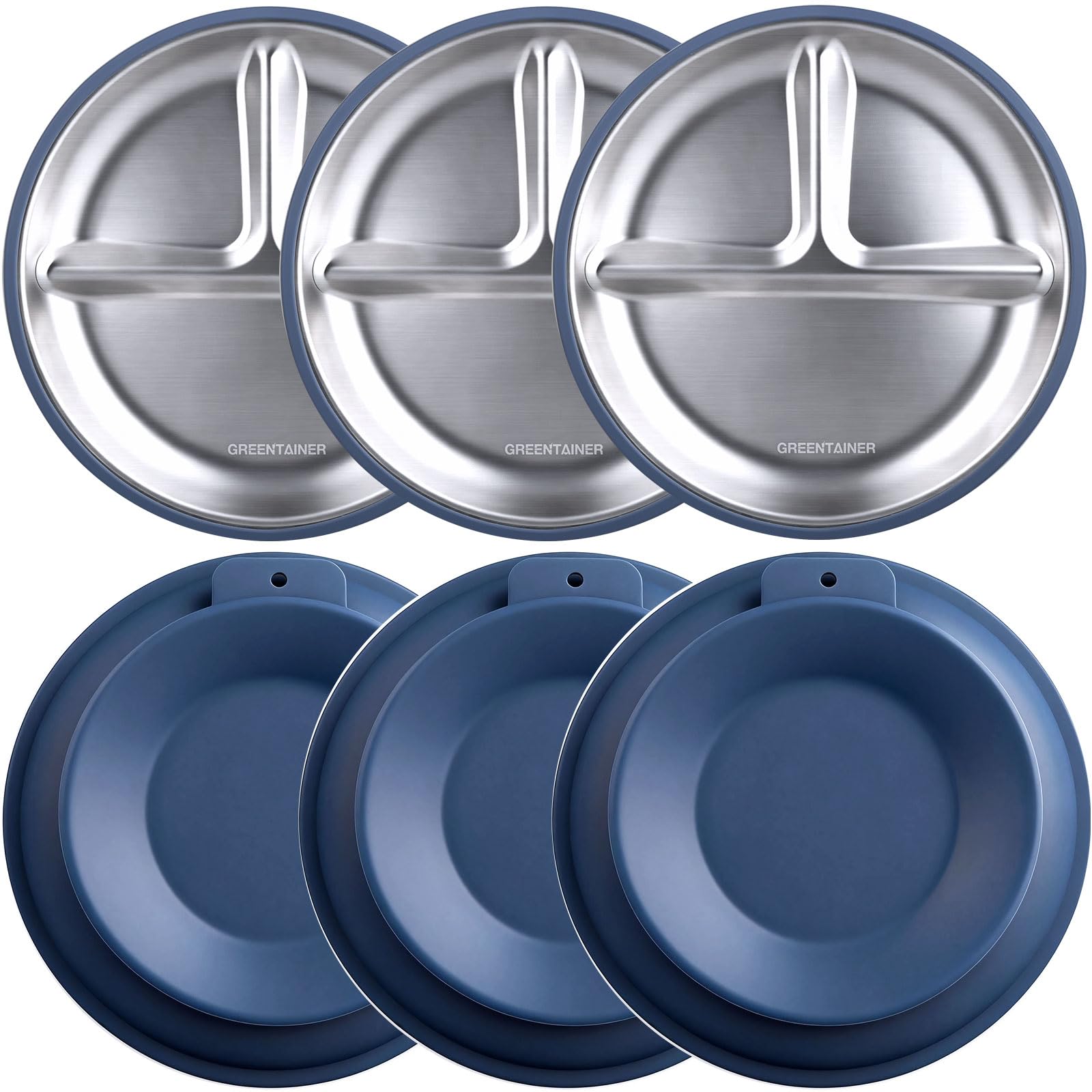 Greentainer Edelstahl Baby Teller mit Saugnapf, 3 Stück Silikon Kinderteller mit 3 Saugnäpfen, Edelstahl Teller Baby, BPA-frei, Rutschfeste, Abnehmbare Silikonhülle, Babyteller, Kinderteller