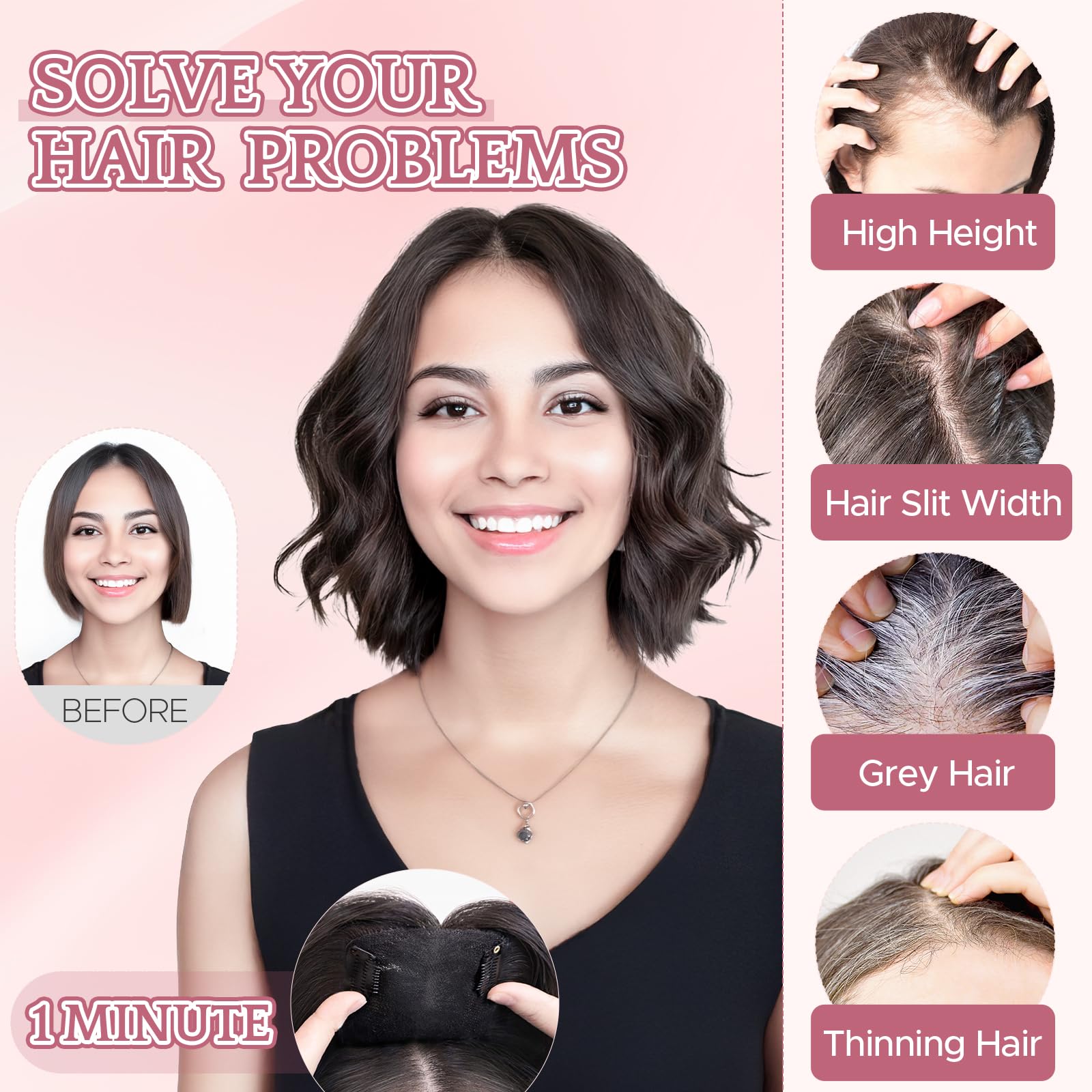 SEGOHAIR Human Hair Topper with Bangs Double-Layer Hand-stitched Thinning Hair Toppers 360°3D Coverage Clip in Bangs Natural for Women Breathable 11inch Chocolate Brown with Honey Blonde,21g - Image 4