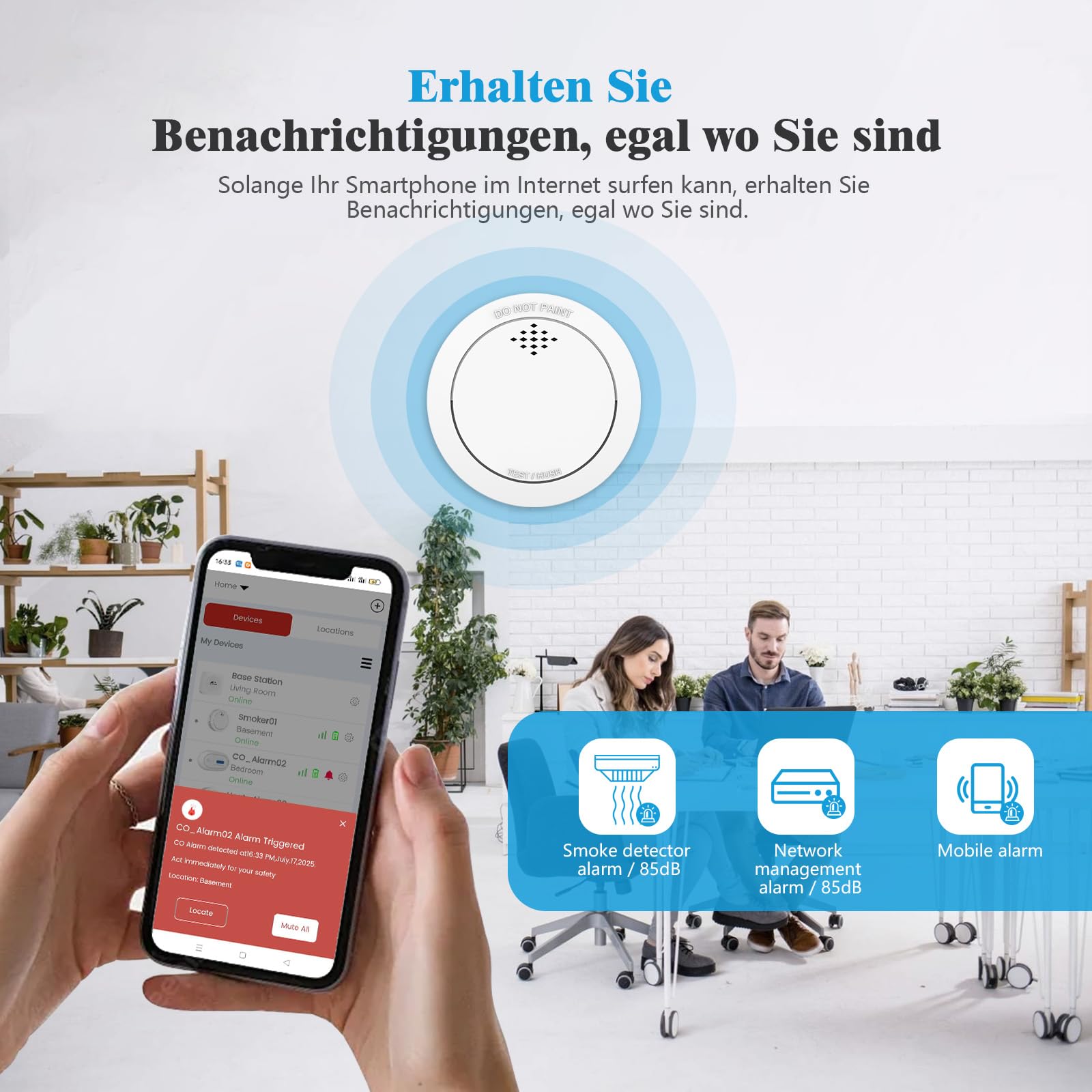 XINDUM 10 Jahre Rauchmelder mit Basisstation Smart Feueralarm 6 Set | TÜV-Rheinland zertifiziert nach EN 14604 Vernetzter Feuermelder mit austauschbarer Batterie kompatibel mit APP