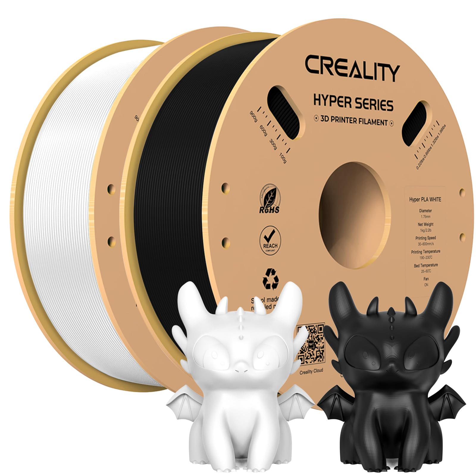 Creality Hyper PLA Filament Nero+Bianco 2KG, Filamento Per Stampanti 3D per La Stampa Ad Alta Velocità, Durevole e Liscio, Prestazioni Di Overhang Accuratezza Dimensionale +/-0,03mm, 2 Rotoli