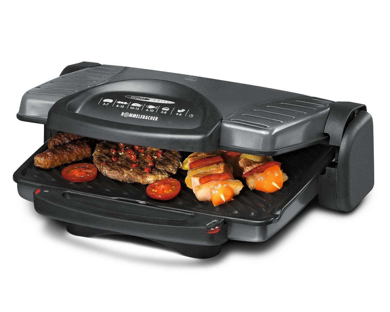 ROMMELSBACHER Multi Grill KG 1800 – flexible Höhenverstellung, komplett aufklappbar, stufenlos regelbar, herausnehmbare, antihaftbeschichtete Grillplatten je 33 x 24 cm, Fettablauf, 1800 Watt