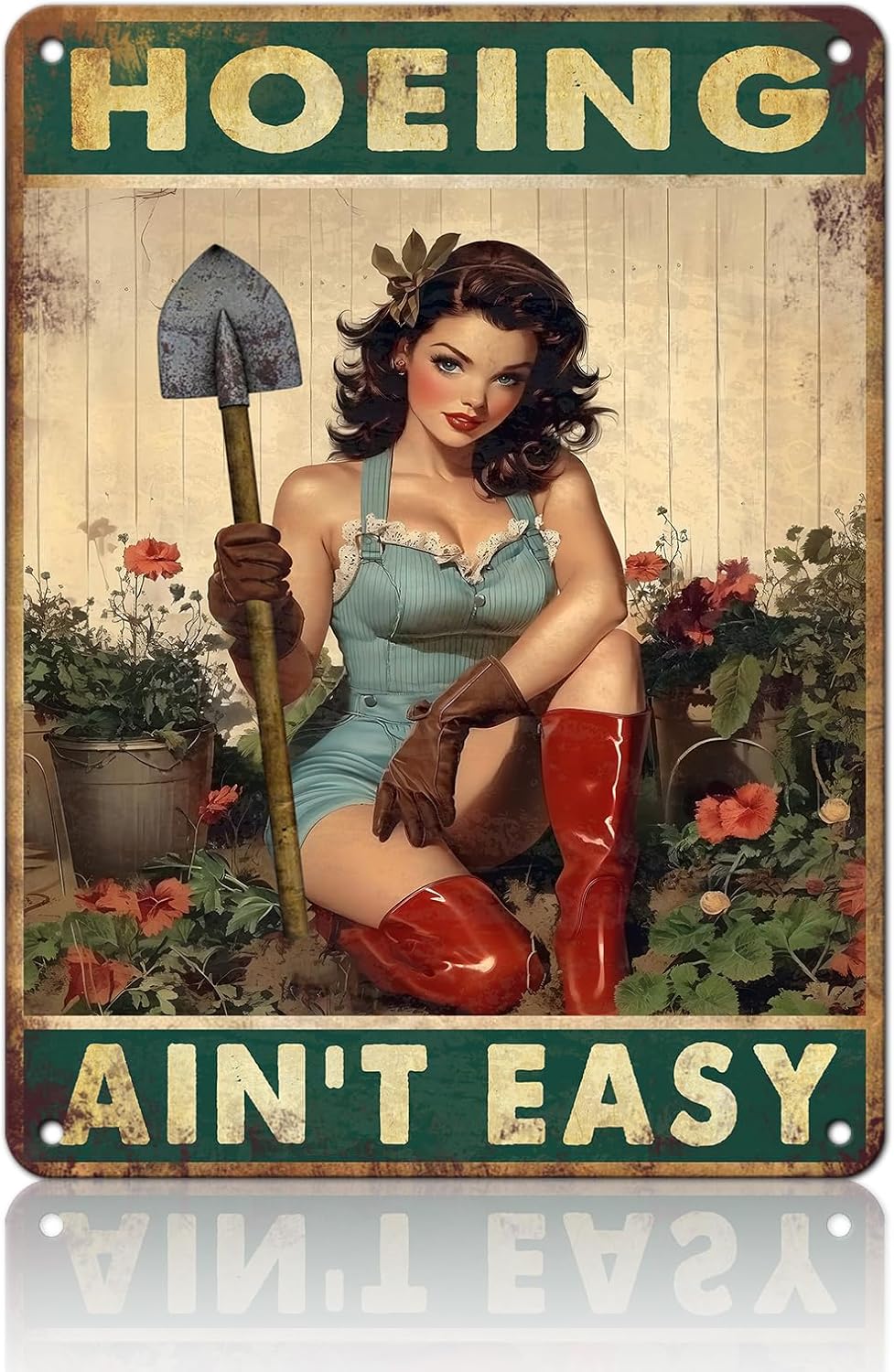 PEACHGARDEN Hoeing Ain't Easy Vintage Garden Signs for Outside Retro Rustic Aluminum Tin Poster Funny Gardening Gift for Women Outdoor Wall Art Decor for Plant & Gardening Lovers 12x16inch