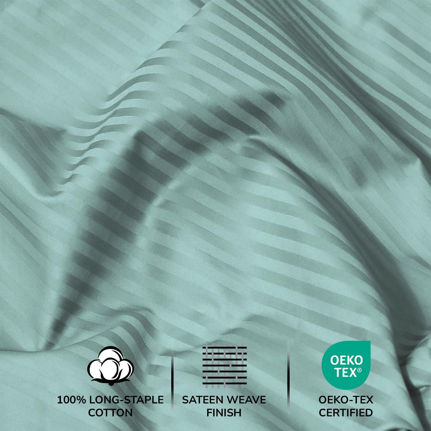 Feather & Stitch 500 TC Queen Size Bed Sheet Set, 100% Cotton Soft Breathable Bedsheets 4 Piece 18" Deep Pockets Sateen Weave Striped Bedding Mattress Resort Hotel Luxury - (Granite Green Stripe)