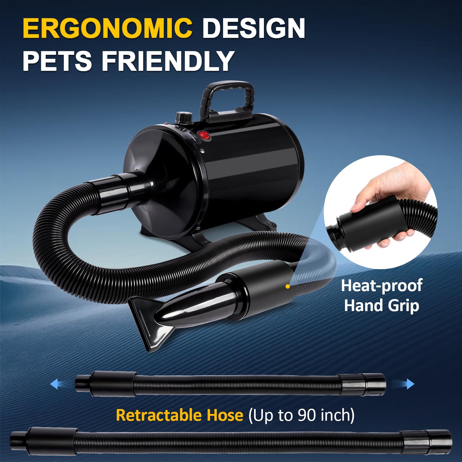 NESTRAOD - Asciugacapelli per cani ad alta velocità per toelettatura, 2800 W, con velocità e riscaldamento regolabili, asciugacapelli professionale per animali domestici, con 4 ugelli, nero
