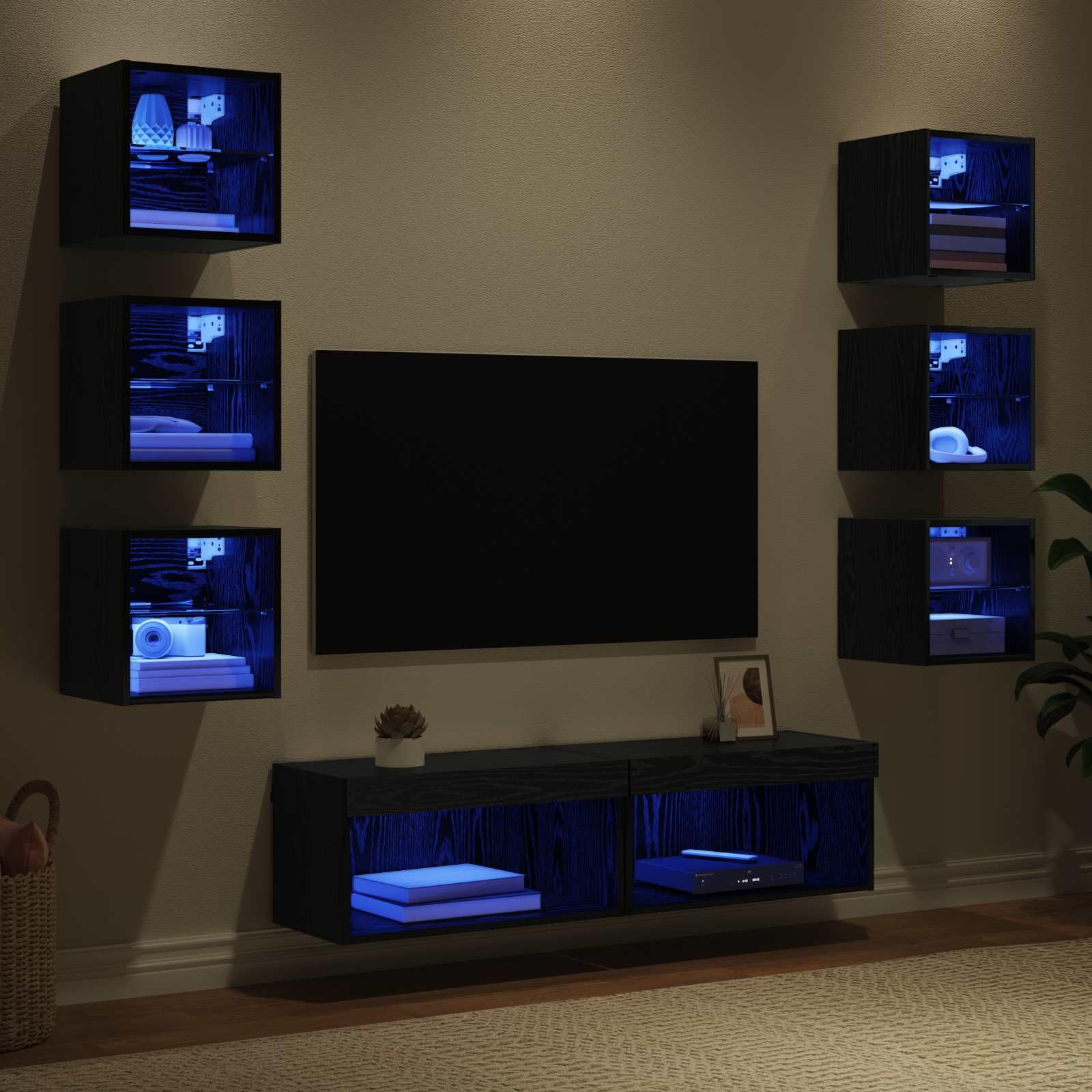 Mueble de TV con tiras de luz LED, efecto roble negro, 8 piezas, montaje en pared, con cajón, compartimento, estante y espacio de almacenamiento para sala de estar, cine en casa, juegos