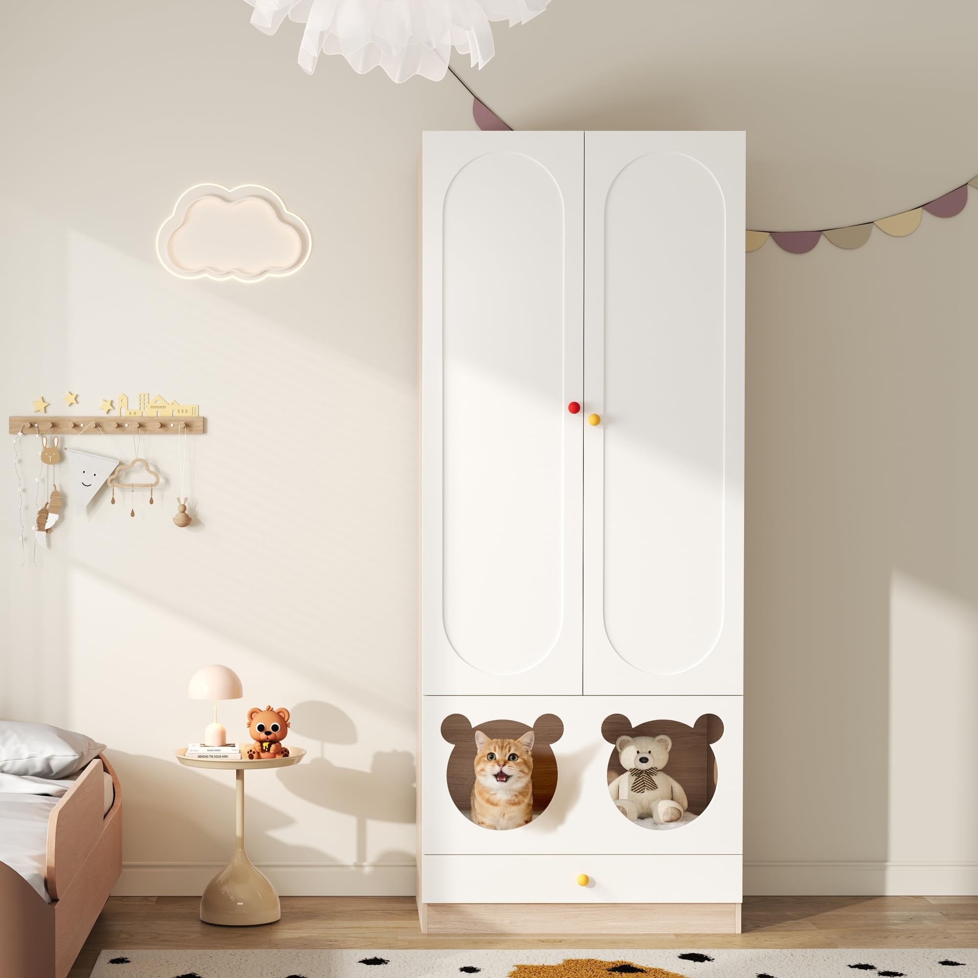 Kleiner Kleiderschrank mit Katzenbett & Kleiderstange – Kindergarderobe mit bunten Keramikgriffen, 80x50x200 cm – perfekt für Schlafzimmer, kindersichere Griffe & stabile Konstruktion