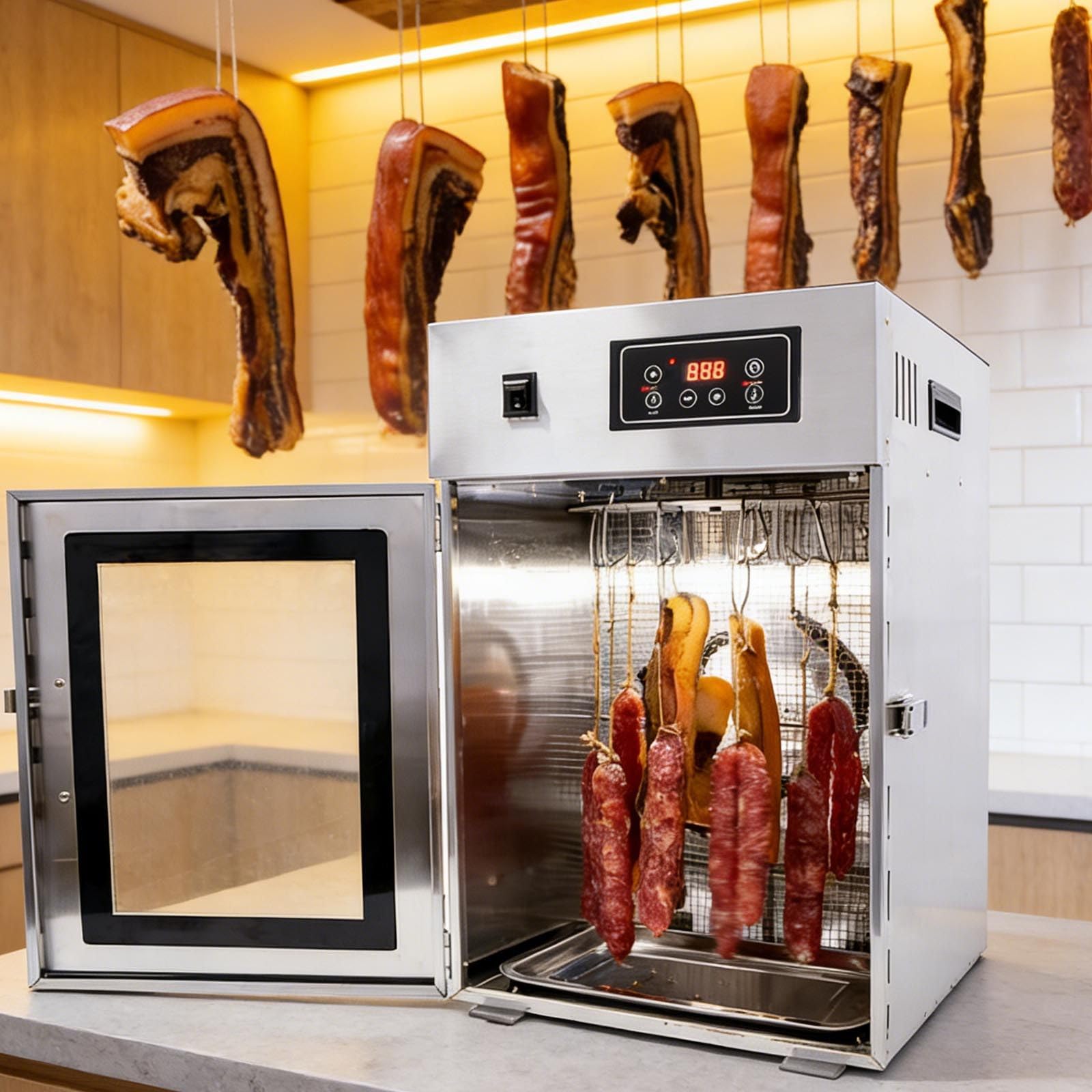 Trockenschrank FüR Fleisch,7.5kg Dry Aged Reifeschrank,Gewerblicher Biltong-DöRrautomat (800W) | Digital Gesteuerter Edelstahl-Jerky-Maker | 14 Haken |30–90°C-FüR Fleisch, Wurst