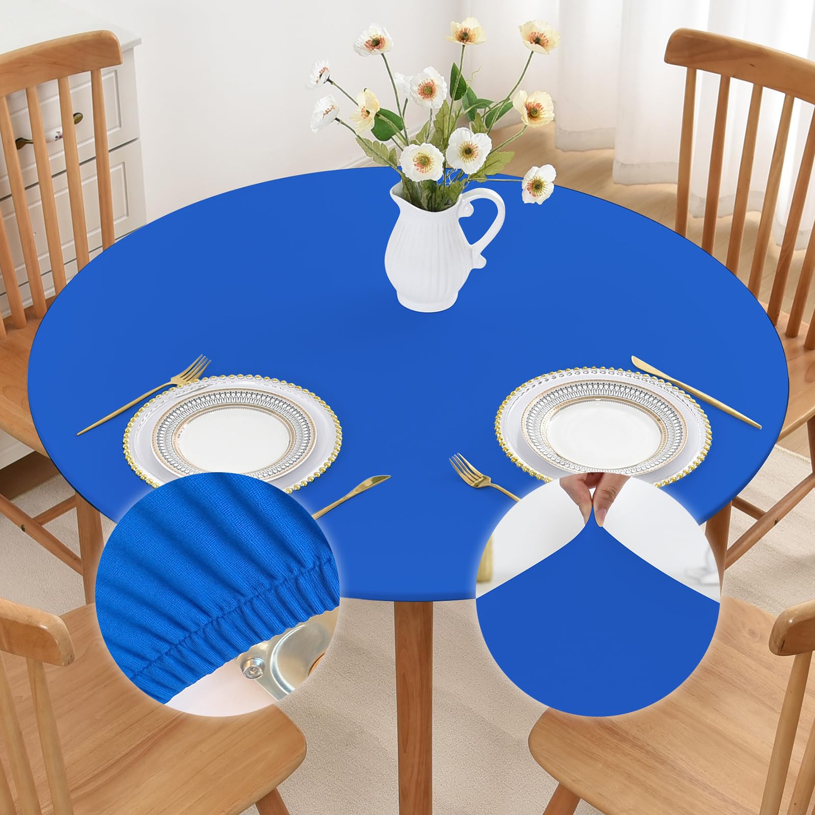 Mulilai Elastic Round Blue Outdoor Tablecloth 60 Inch Non Slip Fitted Stretch Table Cover with Spandex Fabric Washable Wrinkle Free Table Cloth for Kitchen Dining Patio Decor