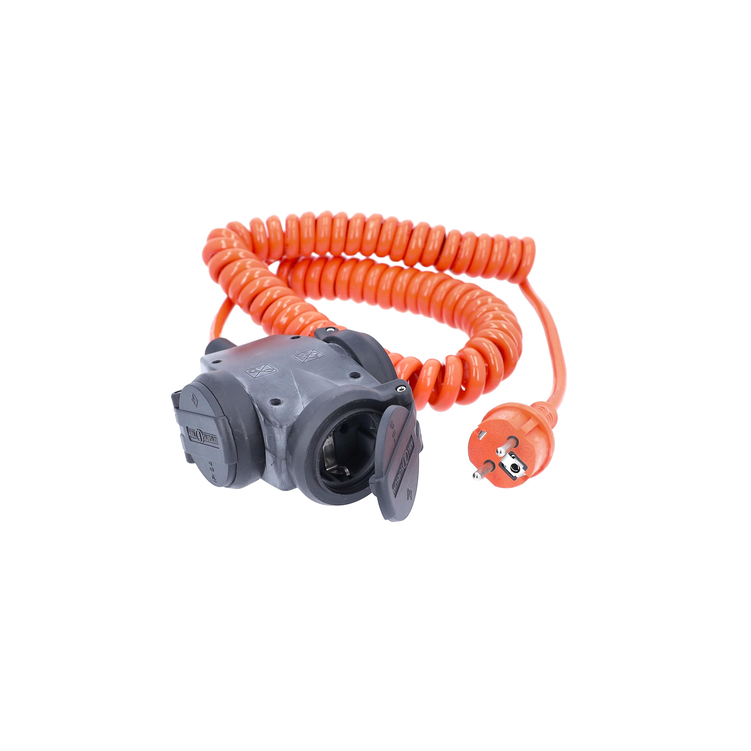 as - Schwabe Cable Espiral Extensible de 1 a 5 m H07BQ-F 3G1,5-3 Tomas con Tapas - 230 V / 16 A - con Contacto de protección - Resistente al Polvo y a Las Salpicaduras (IP44) - Naranja, 70414