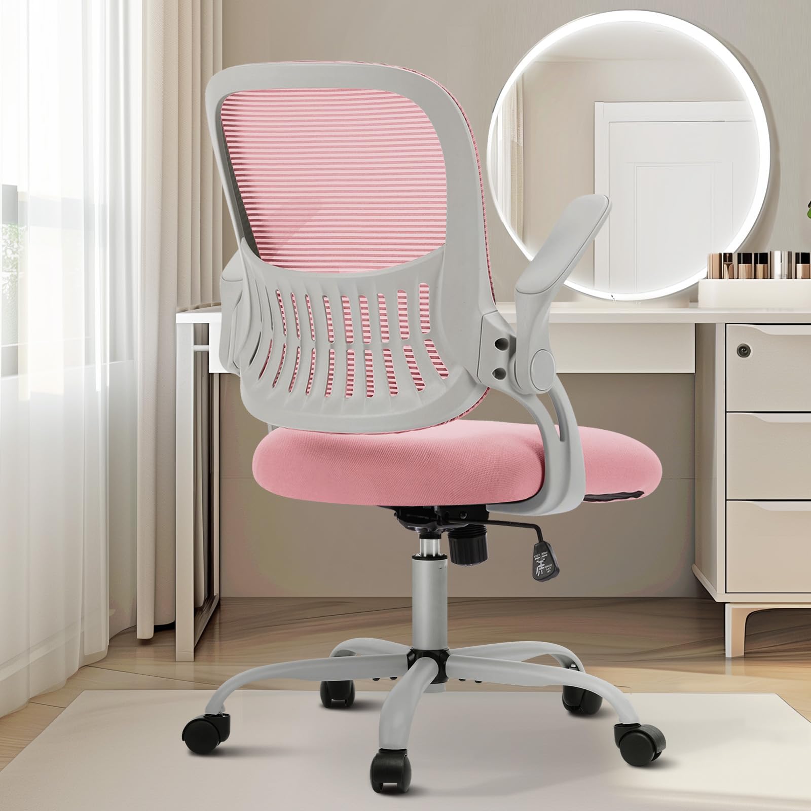 Sweetcrispy Home Office Managerial Executive Chair, Ergonomic Mesh Adjustable Swivel Mid-Back Chair with, Flip-up Arms, Comfortable Lumbar Support, Comfy Arms for Bedroom,Study,Student