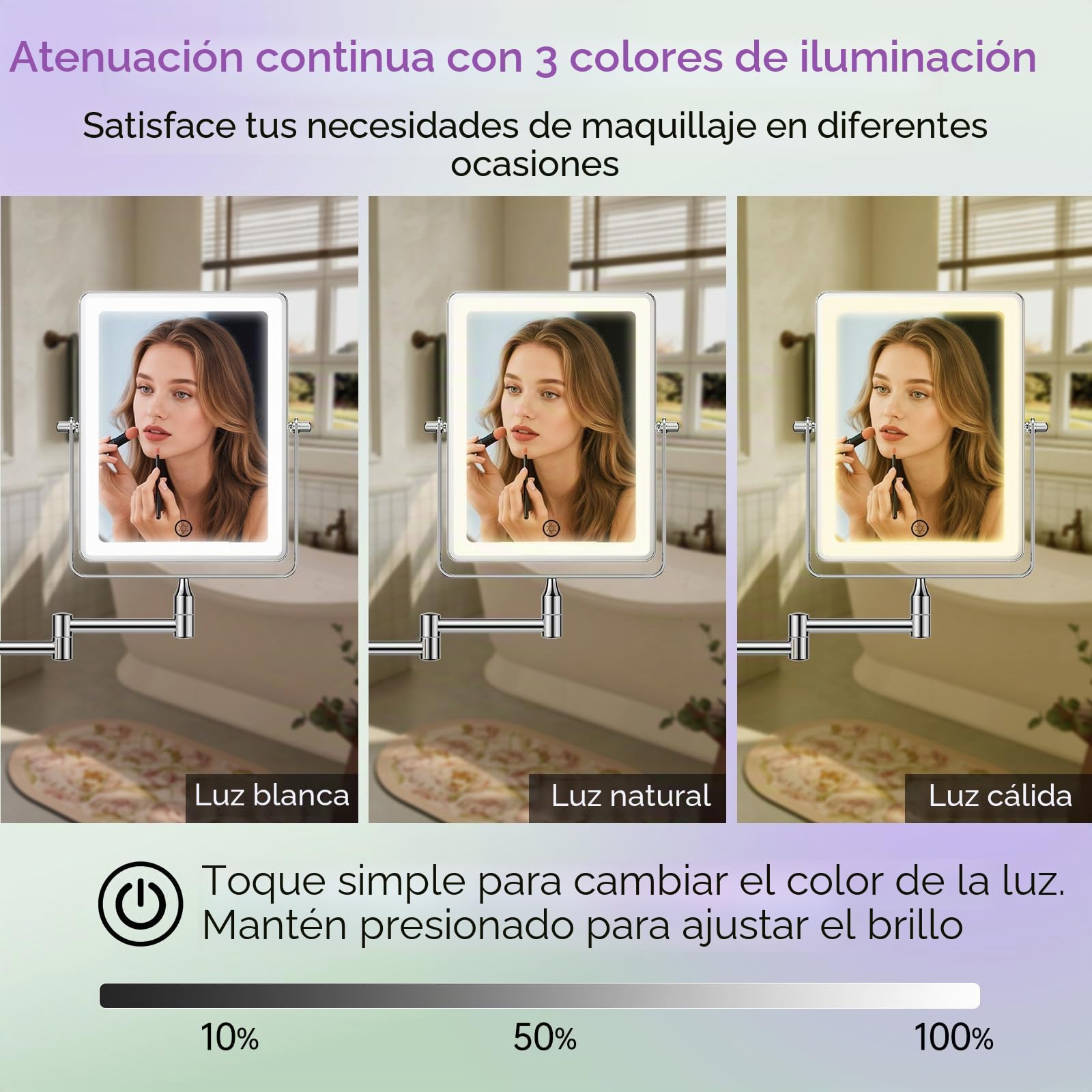 FASCINATE Espejo de Maquillaje Recargable con Aumento 1X/10X, 3 Luces Regulables, Pantalla táctil giratoria 360°, Montaje en Pared, Espejo de Afeitado para baño