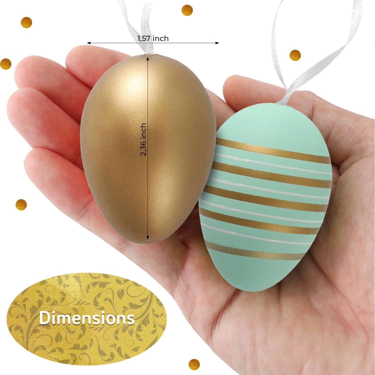 Festicy Jajka wielkanocne, 24 sztuki, dekoracja wielkanocna 2025 (biała, zielona, złota), 8 wzorów, zajączki, napis Happy Easter, jajka wielkanocne do zawieszenia na zewnątrz, plastikowe jajka