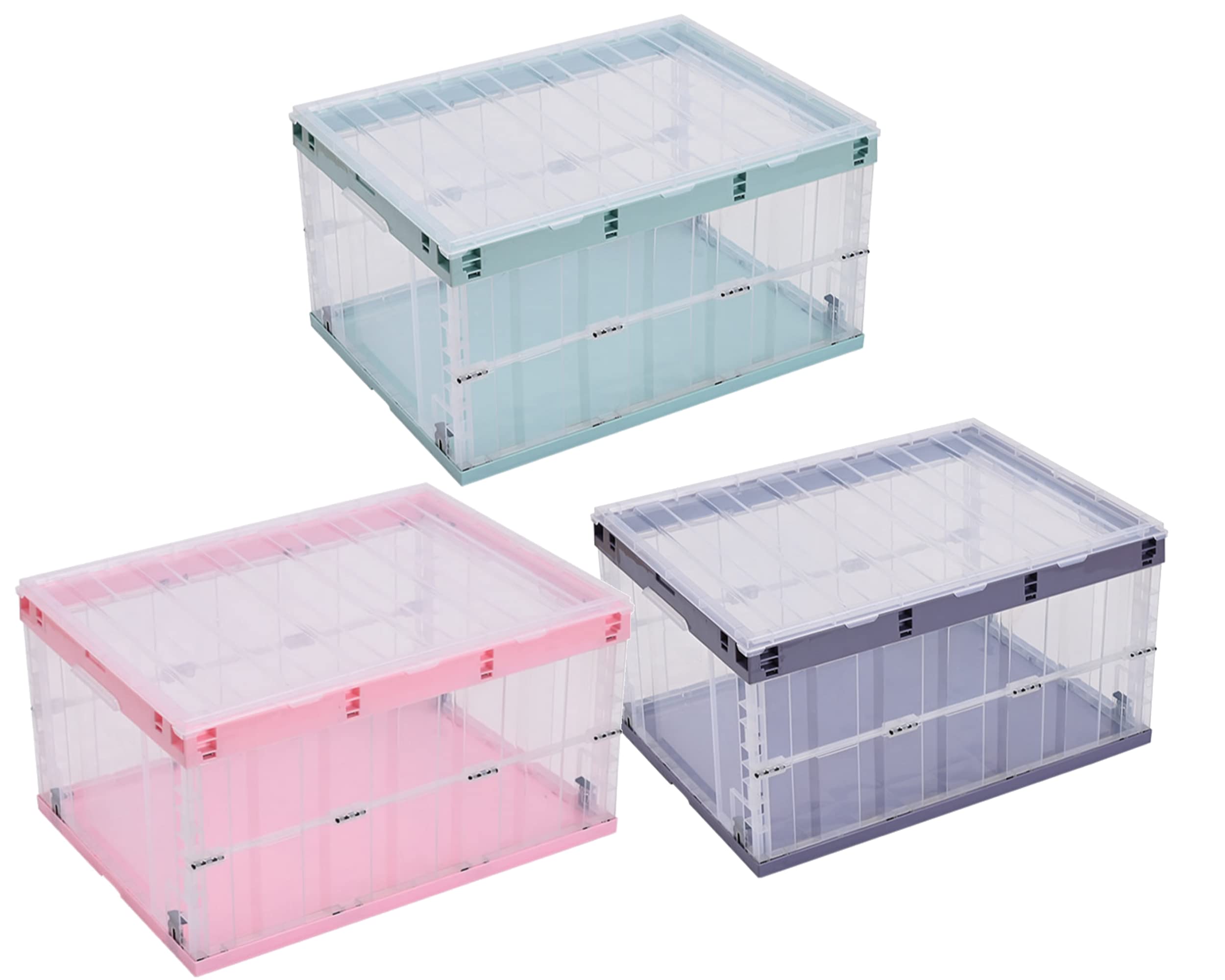 TUKA-i-AKUT 3x Faltbare Aufbewahrungsboxen mit Deckel, Stapelbar Faltbar, Stabile Stapelkisten mit Handgriff, Stapelbehälter Organizer Faltboxen Stapelboxen Durchsichtig, 3x 55L in 3 Farben TKD8640