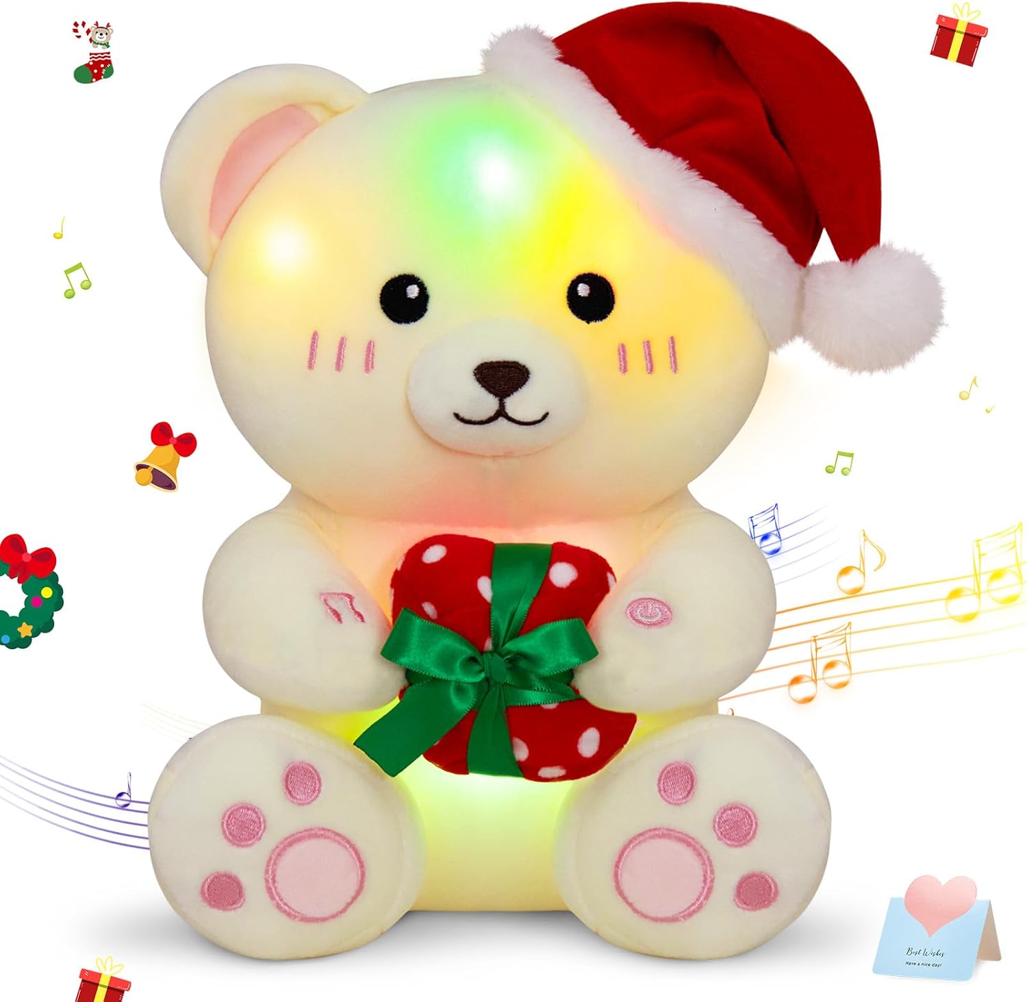Oso de Peluche Blanco Navideño con Luz y Música 26 cm