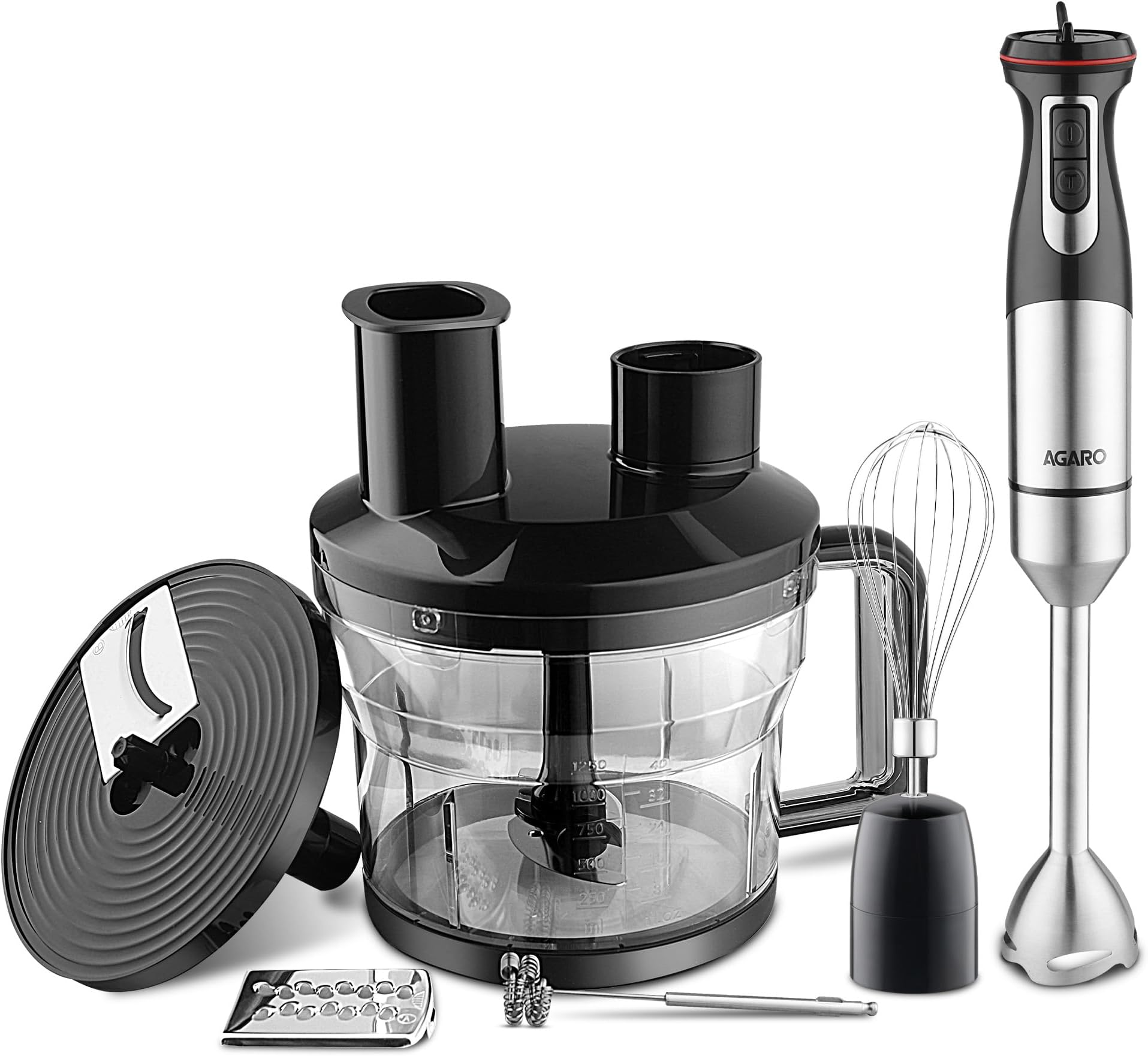 AGARO Grand Plus 6 in 1 Hand Blender 1000 Watts, 100% Copper Motor, 2 Variable Speed Modes & Speed Regulator, Stainless Steel Blades, Chopper,Whisker,Multipurpose Jar, frother, slicer, shredder, Black