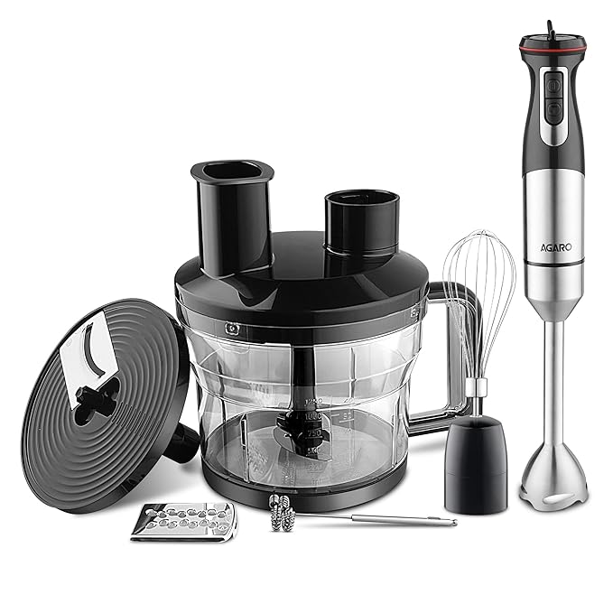 AGARO Grand Plus 6 in 1 Hand Blender 1000W, 100% Copper Motor, 2 Variable Speed Modes & Speed Regulator, Stainless Steel Blades, Chopper, Whisker, Multipurpose Jar, frother, slicer, shredder, Black