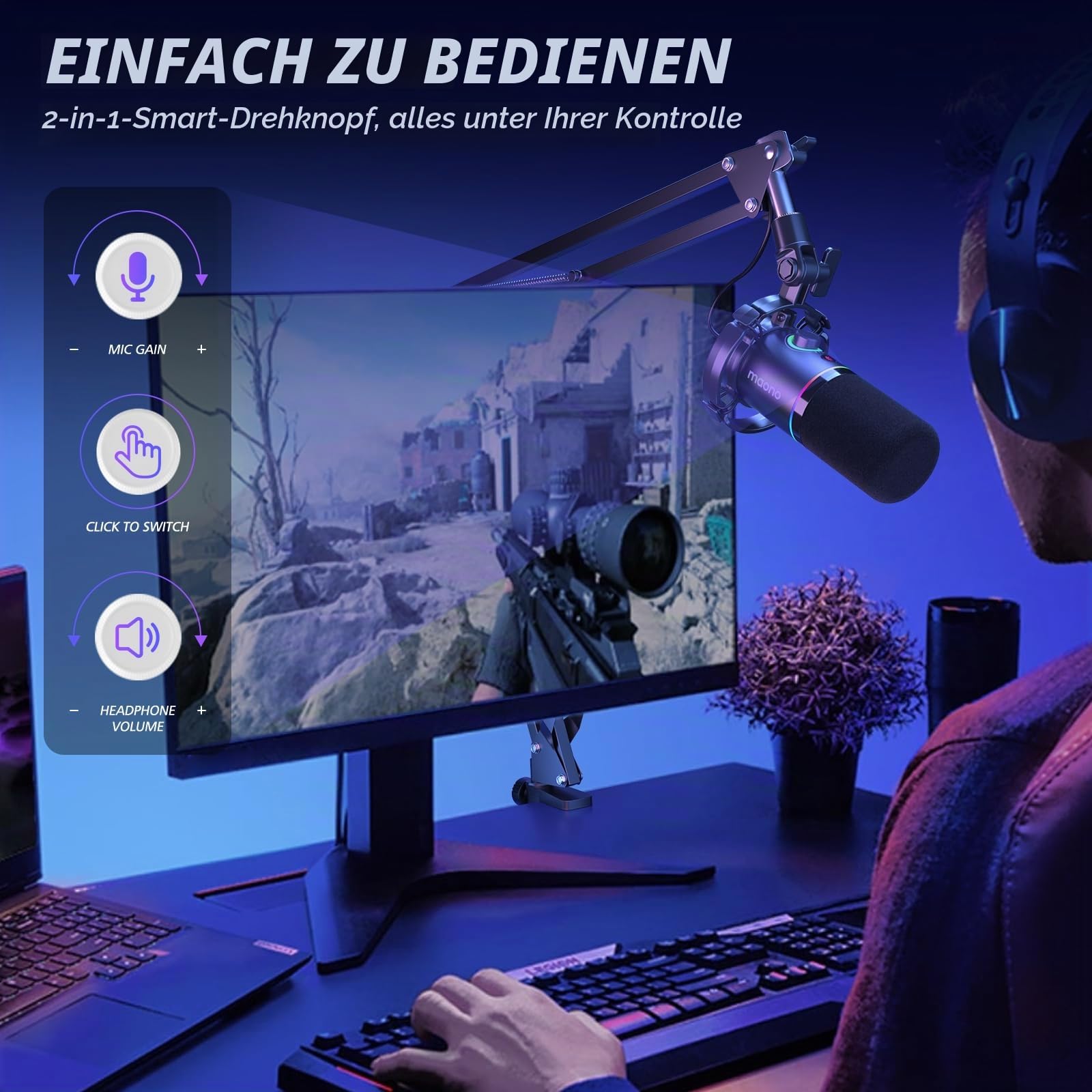 MAONO XLR/USB Dynamisches Mikrofon Set, RGB Podcast Mikrofon mit Arm, Software, Stummschalttaste, Gain-Regler, für PC Gaming, Streaming, Aufnahme, PS4/5 Mac Mixer usw PD200XS Schwarz