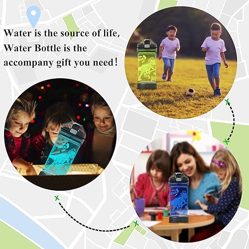 Miniatura 7 de Attivolife Botella de agua con diseño de dinosaurio para niños con lámpara brillante de ilusión 3D, taza de viaje, función de temporizador ecológica