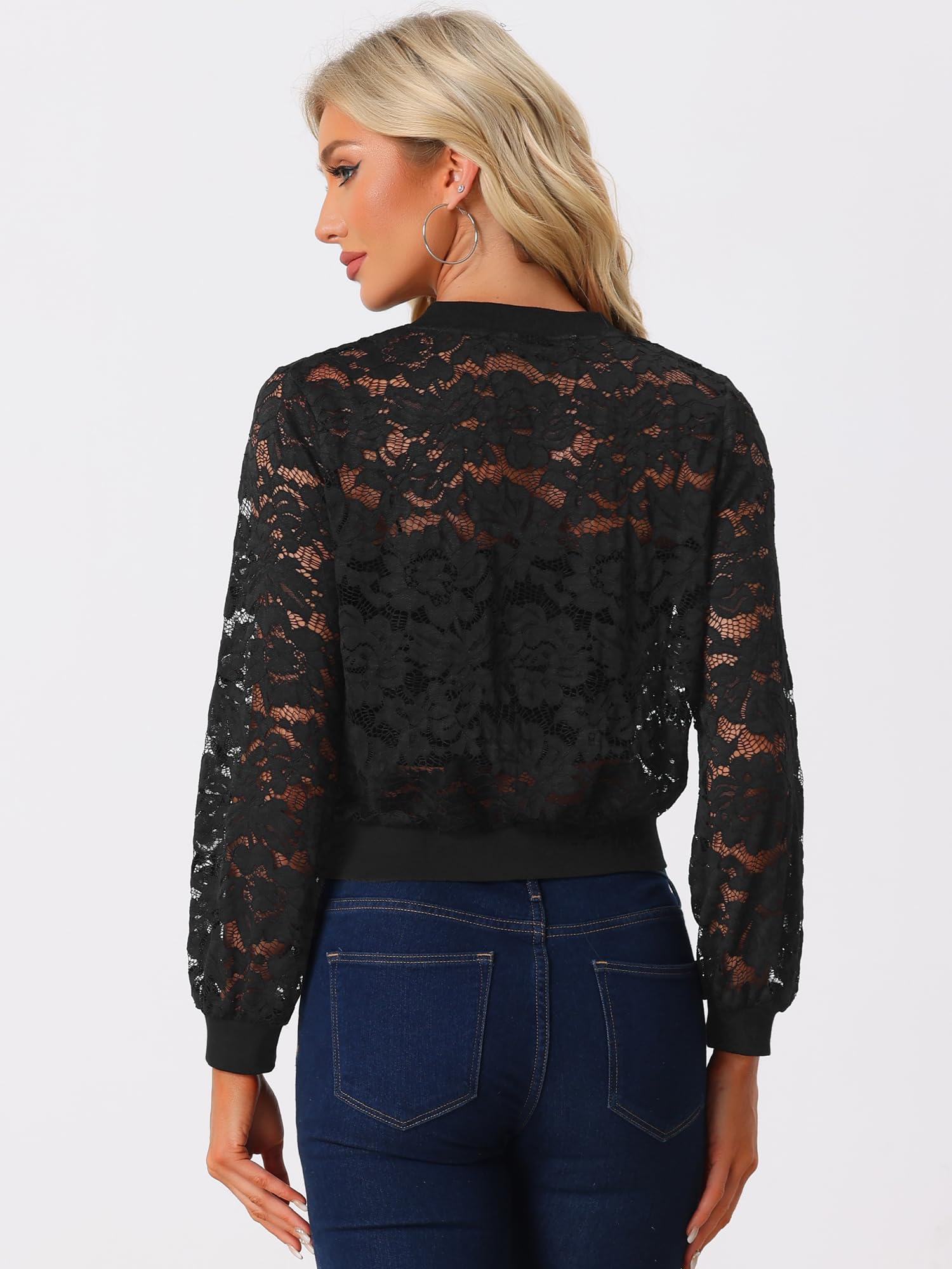 Allegra K Donna Giacche In Pizzo Per Giacca Bomber Trasparente In Rete Con Zip E Colletto Rialzato
