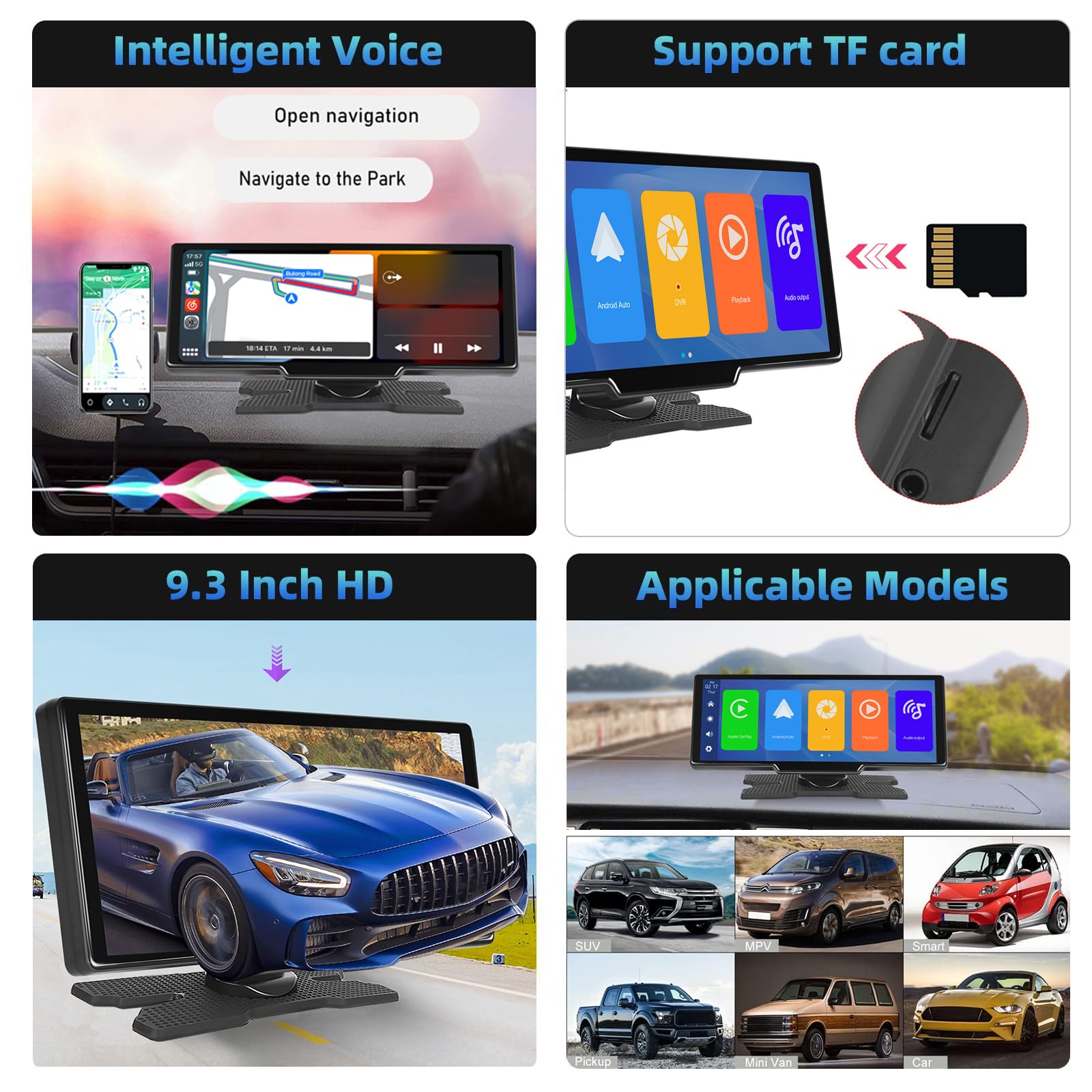 Podofo 9,3 Pollici Portatile Autoradio da 2.5K Dual Dash Cam con Schermo Android Auto Wireless A-pple Carplay, 7-32V Touch Screen con Assistente Vocale/Bluetooth/FM Trasmettitore/AUX/64G TF Card