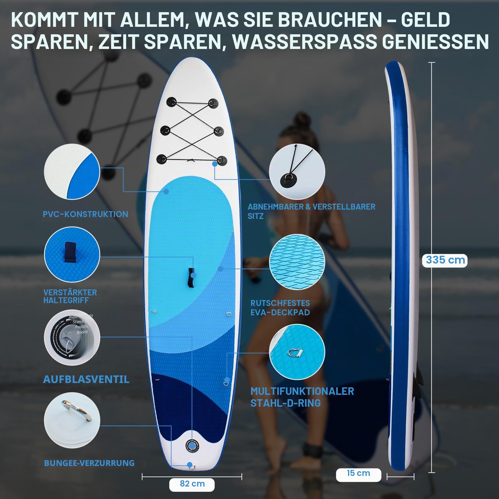 Stand Up Paddling Board mit Sitz, Aufblasbare SUP Board Surfboard Tragkraft bis 200Kg, Paddelboard Surfboard Zubehör für Anfänger Erwachsene Kinder