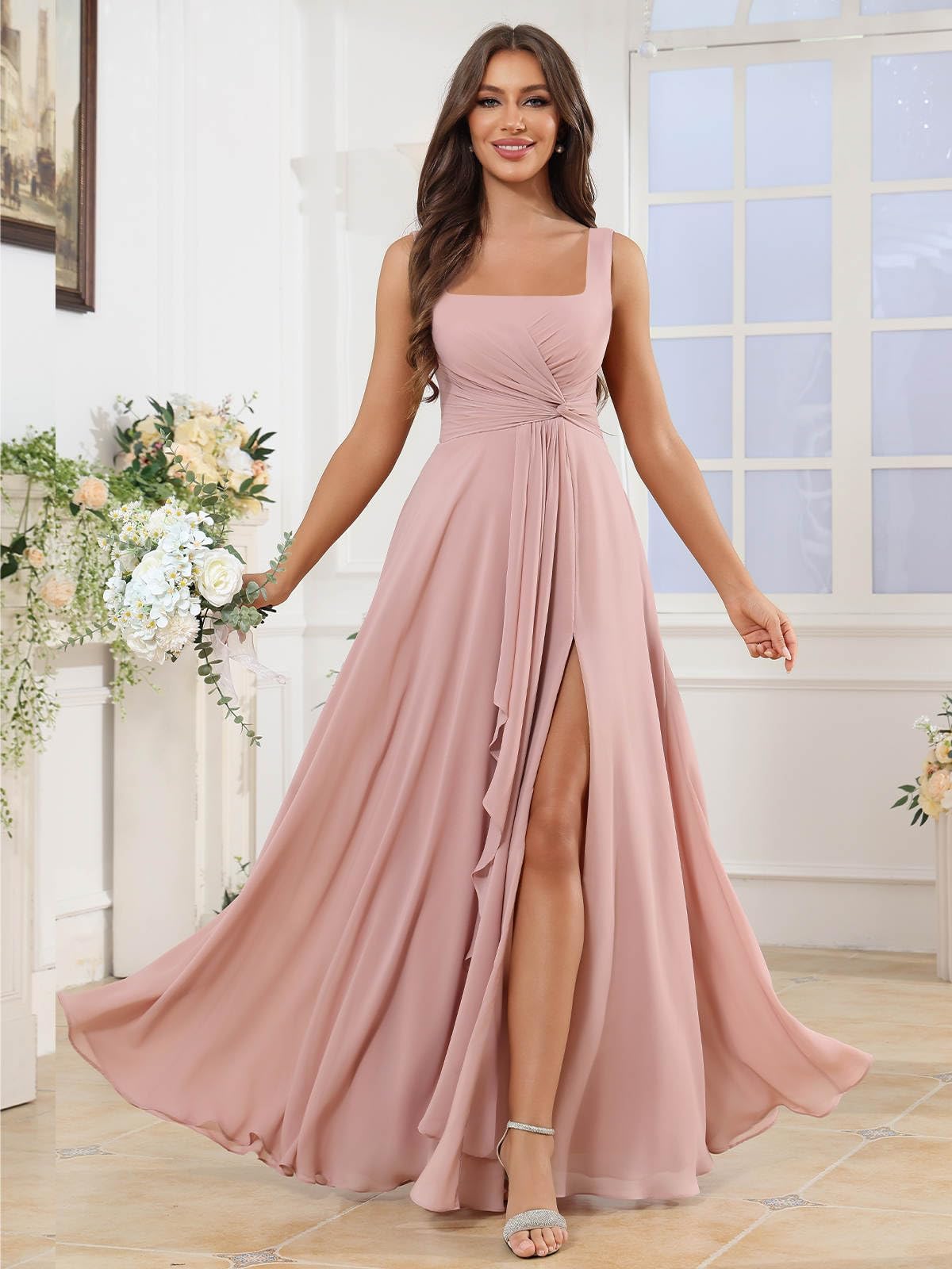 Damen Chiffon Brautjungfernkleider Lang - Quadratischer Ausschnitt Abendkleider Für Hochzeit A Line Plissiert Festlich Elegant Maxi Kleid Mit Taschen