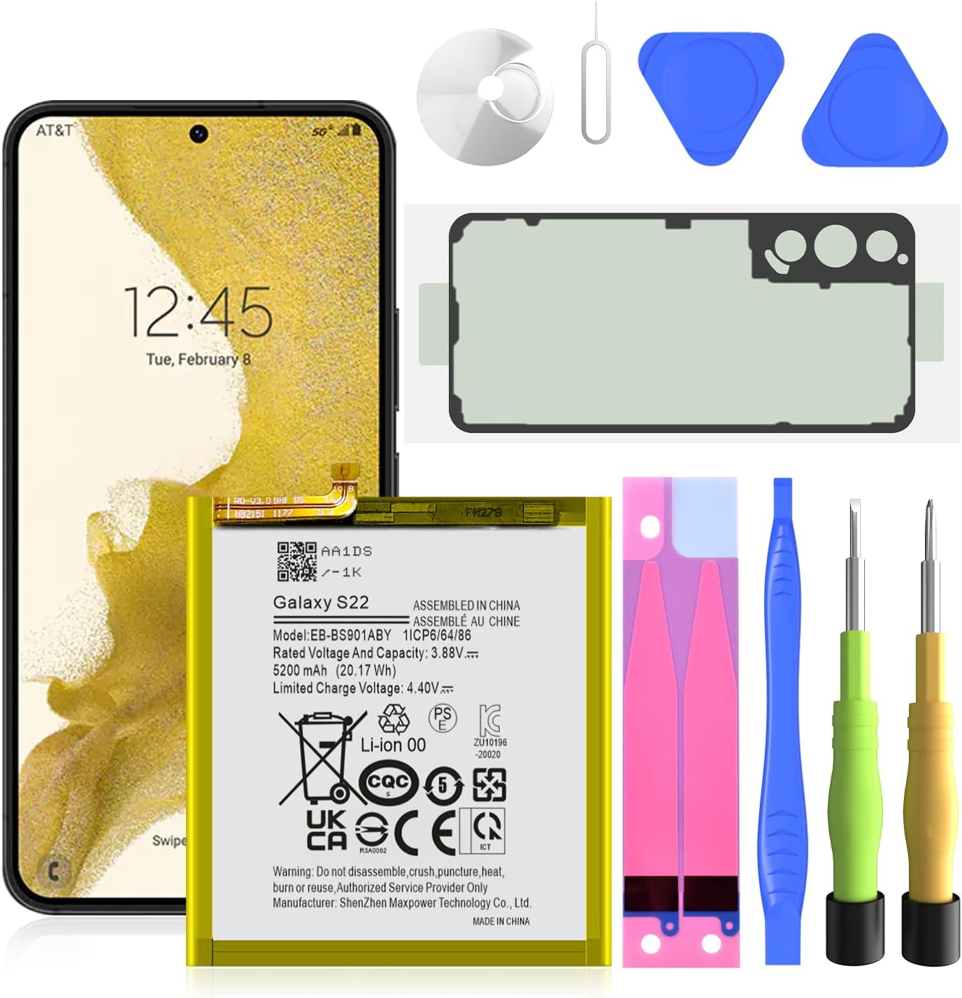 Product image of SHENMZ Galaxy S22 Battery (Upgraded) 5200mAh Li-Polymer Replacement Battery EB-BS901ABY for Samsung Galaxy S22 5G SM-S901U SM-S908B SM-S908B/DS SM-S908U with Back Cover Adhesive & Repair Tools